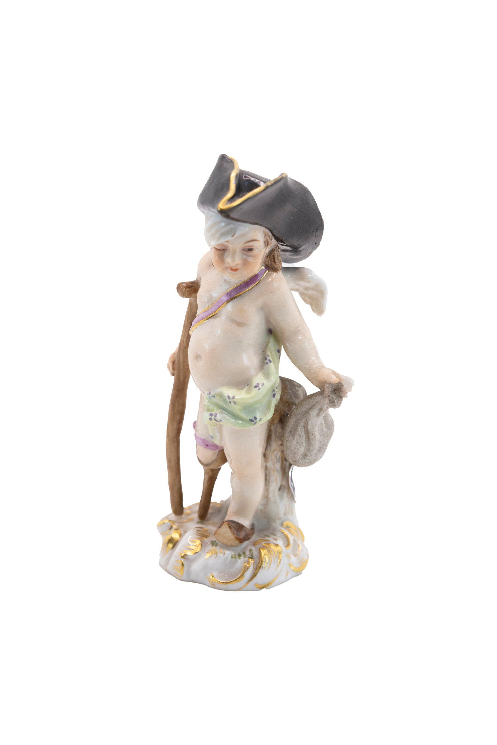 °POLYCHROME PORCELAIN FIGURINE DEPICTING DISGUISED CUPID, Meissen manufacture, 19th century: h cm 10 x l cm 4,5 Mark under the base.