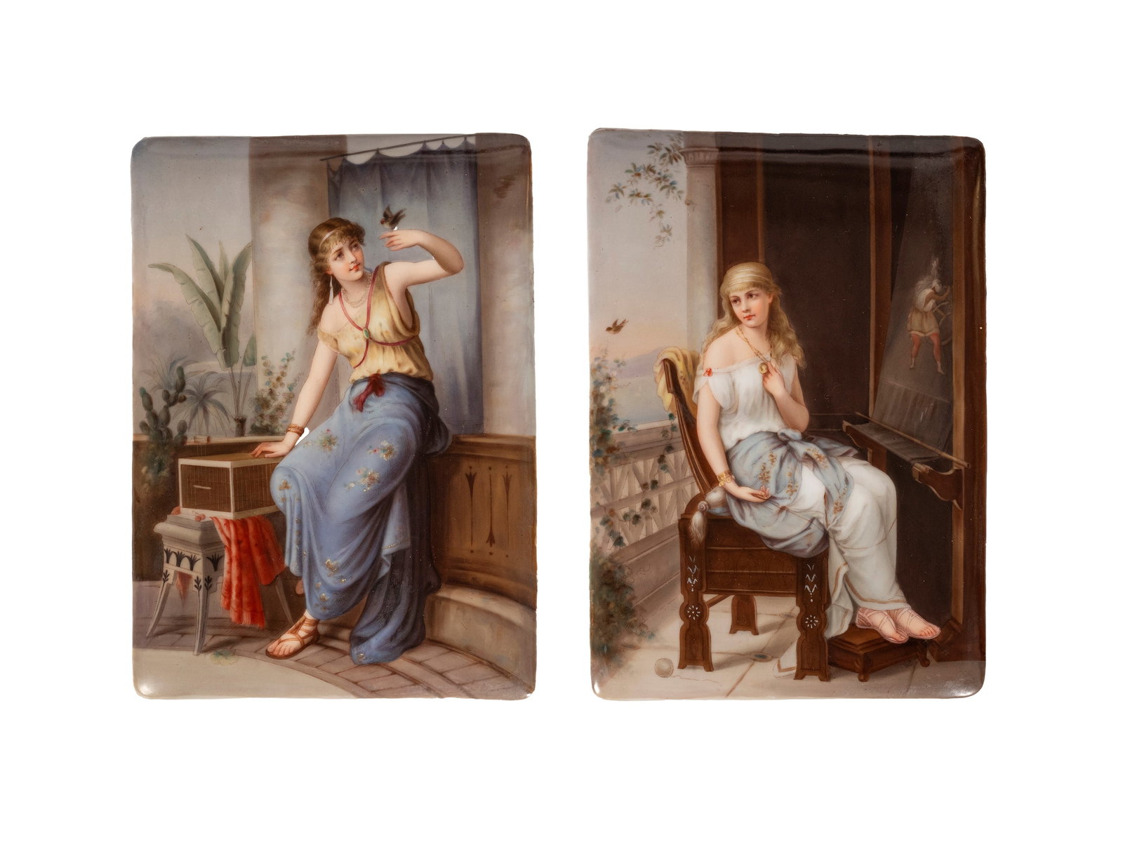 TWO PAINTED PORCELAIN PLAQUES, Germany, 19th century: h cm 17,5 x l cm 12,5 Probable German KPM manufacture, depicting "The Captive" and "The Darling" after Eva Coomans. On the reverse, titled at the lower right.
