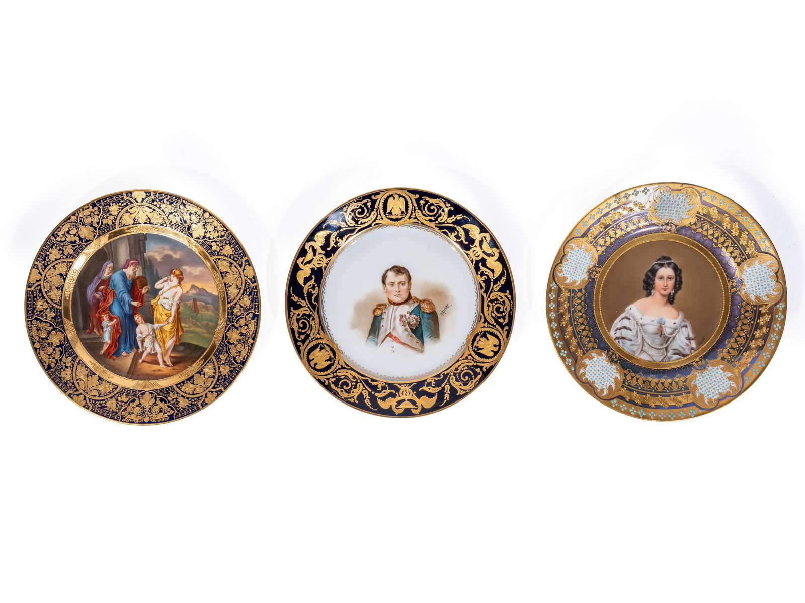 THREE PORCELAIN PLATES, 19th century: d max cm 20 Two examples of Viennese manufacture depicting “The Repudiation of Hagar” and the actress Charlotte von Hagn, and a Sèvres example depicting Napoleon.