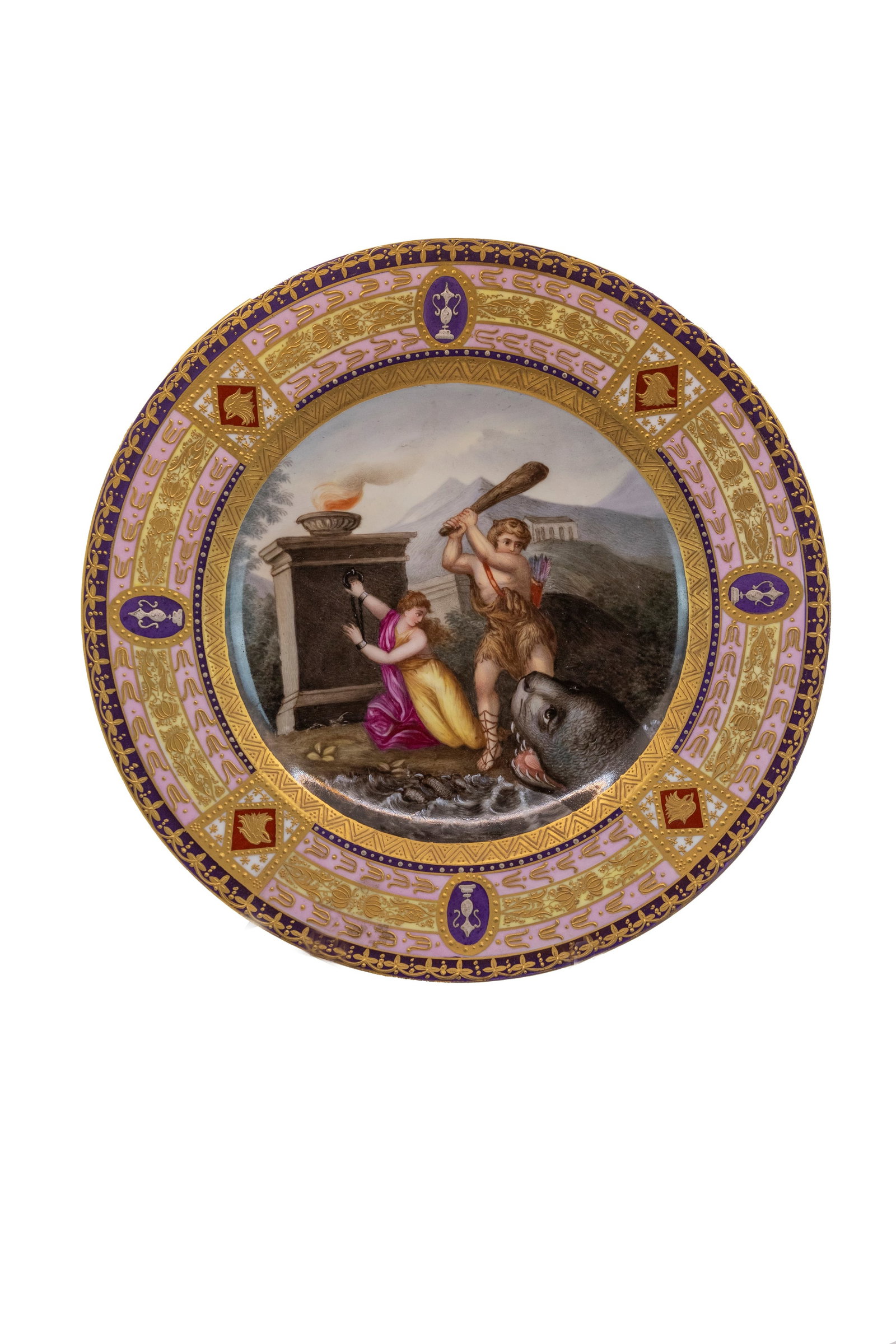°POLYCHROME PORCELAIN PLATE DEPICTING HERCULES AND HESIONE, Vienna, 19th century: d cm 24,3 Mark on the reverse.