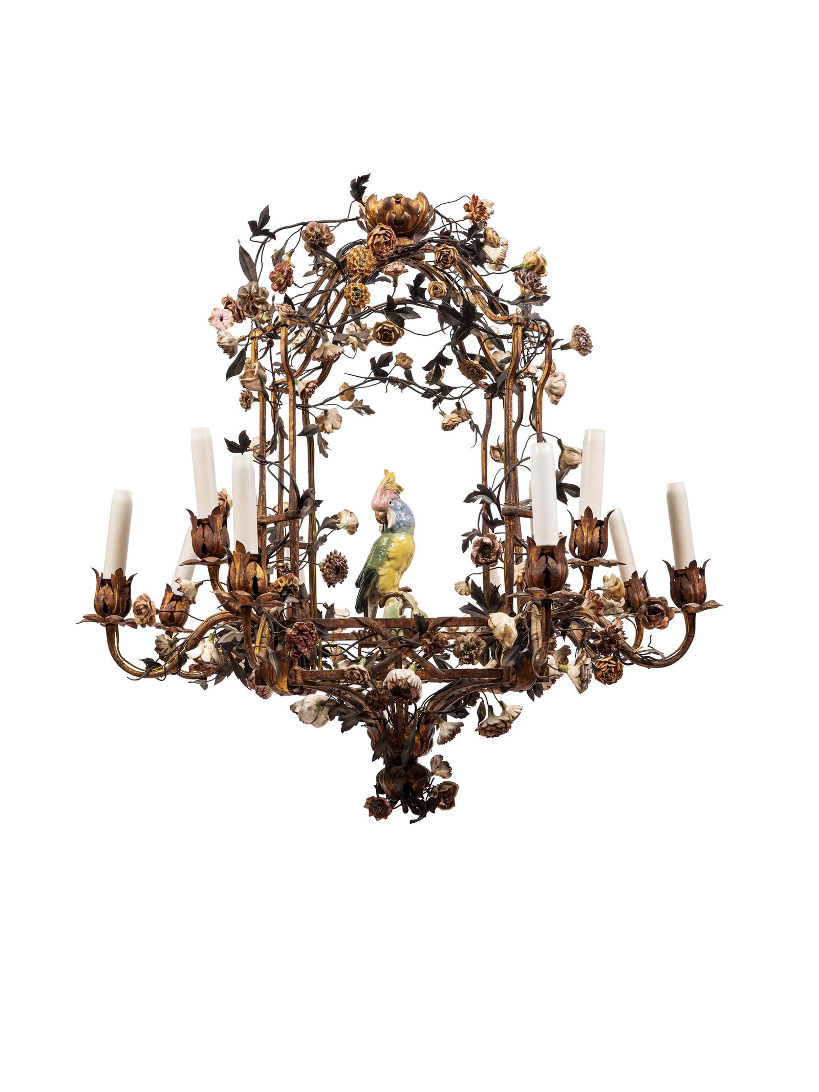 BRONZE AND PORCELAIN CHANDELIER, France, 19th century: h cm 74 x d cm 73 Lantern-shaped cage form, with vertical supports converging into a crown-like upper finial, decorated with gilt bronze foliate elements. At the centre of the composition is a polychr