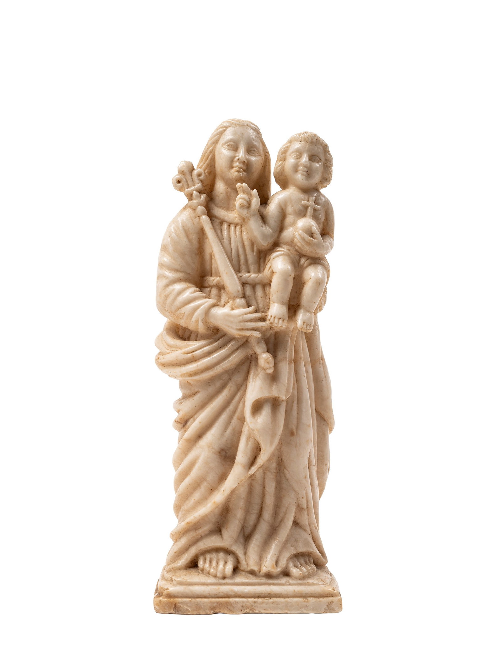 A SCULPTURE IN ALABASTER DEPICTING THE MADONNA AND CHILD, Southern school, 17th / 18th century: h cm 29,5 The virgin is depicted wearing a long, richly draped garment and holding a flowering staff; the child jesus, supported at her side, raises his right hand in blessing while holding the globus