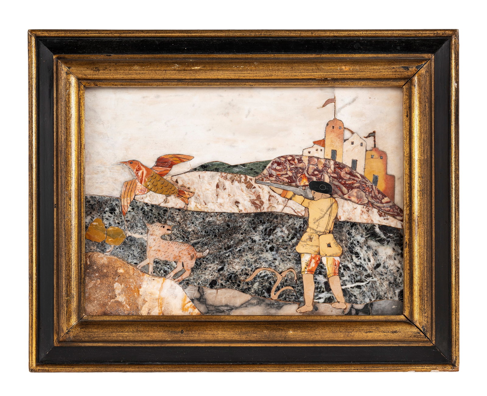 A PANEL IN COMMESSO OF SEMI-PRECIOUS STONES, Tuscany, 19th century: h cm 21,5 x l cm 28,5 The work depicts a hunting scene set within a hilly landscape. In the foreground on the left, a hunter is seen with a dog, aiming a bird with his rifle; in the background, a mult