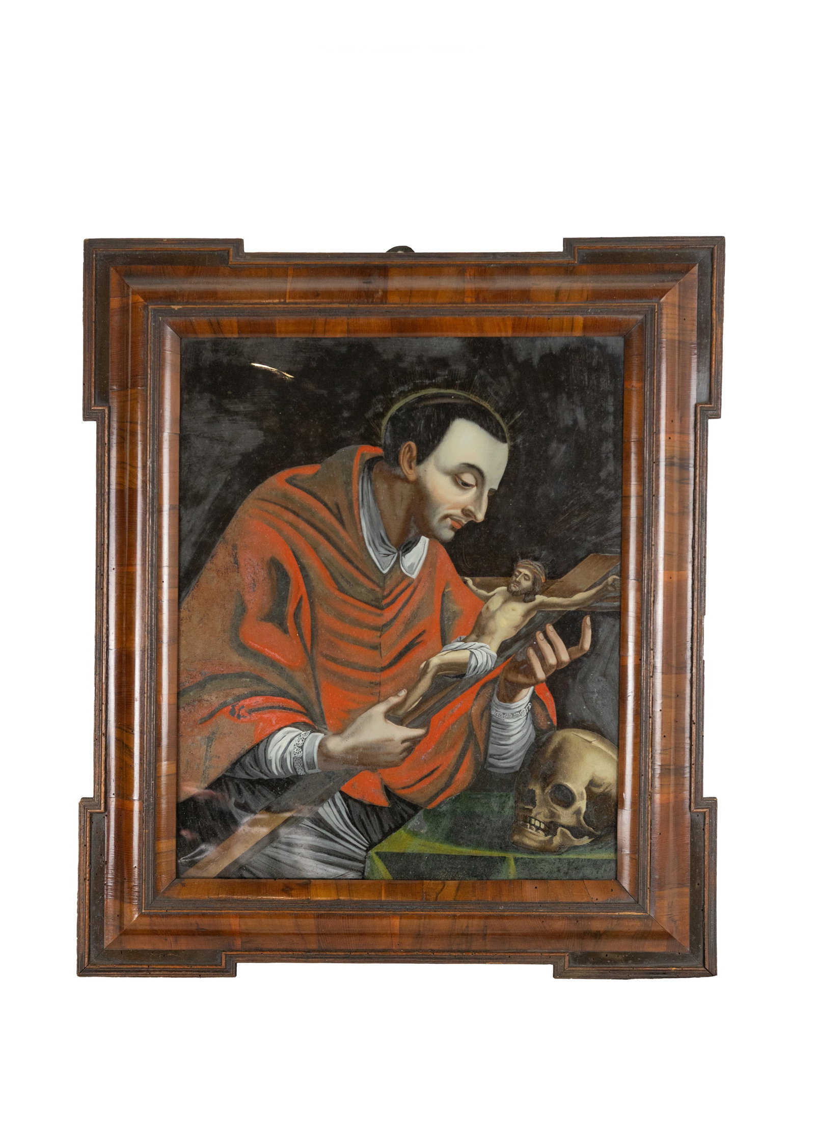 °PAINTING ON GLASS DEPICTING CHARLES BORROMEO, 19th century: Painted on glass. h cm 44 x l cm 36; with frame h cm 58 x l cm 50 19th century