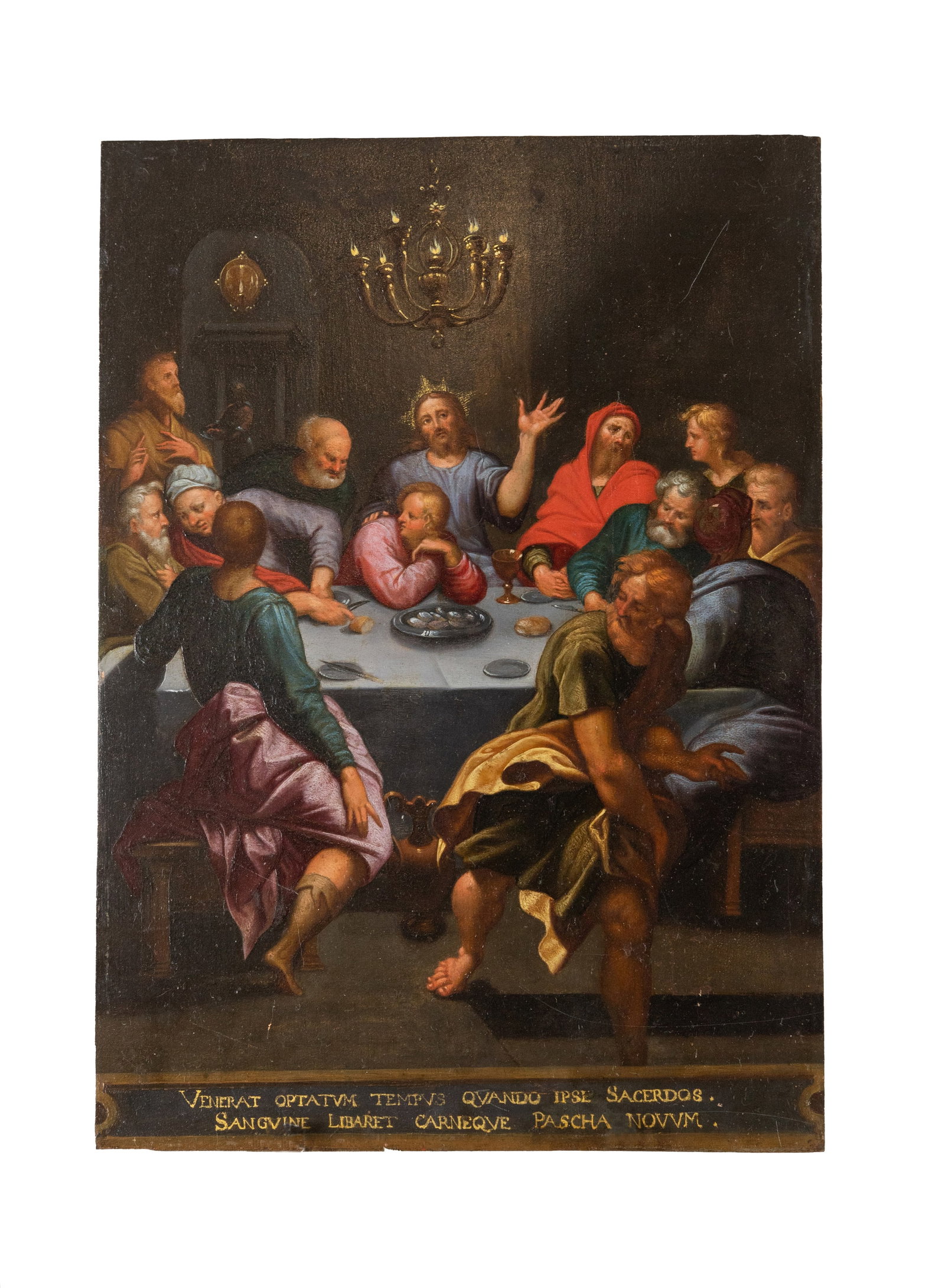 °ULTIMA CENA, Flemish School, 17th century: Oil on copper. h cm 24,5 x cm 17,8 Inscription below: “VENERAT OPTATUM TEMPUS QUANDO IPSE SACERDOS SANGUINE LIBARET CARNEQUE PASHA NOVUM.”