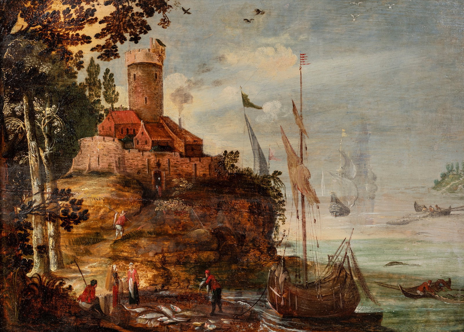 A COASTAL LANDSCAPE WITH FISHERMEN, A TOWER AND SAILING SHIPS, Flemish school, 17th century (1 of 3)