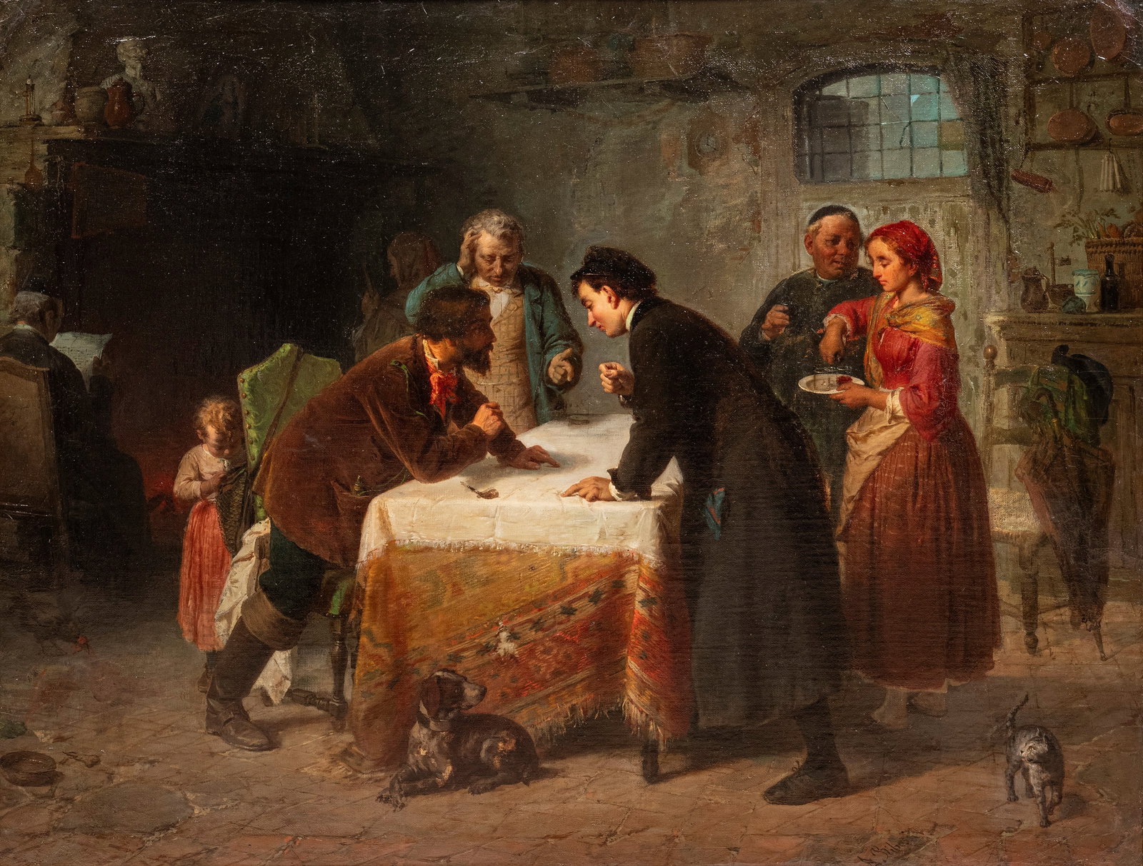 Angelo Ribossi(1822 - 1886) AN INTERIOR SCENE,: Oil on canvas h cm 80 x l cm 105 Signed A. Ribossi at the bottom.For a similar work by Ribossi see: Cambi Genoa, Important sale of the furnishings and paintings of Villa De Nobili Fossati Raggio, 11 D
