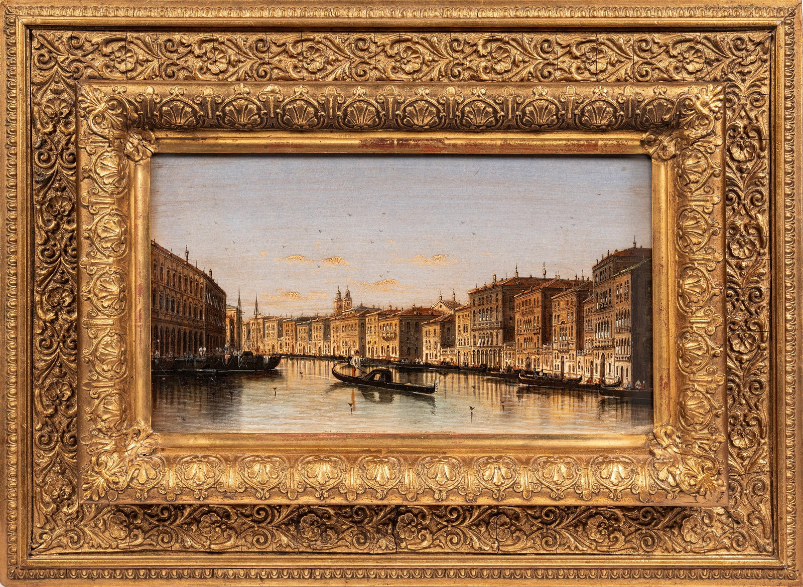 VIEW OF THE GRAND CANAL FROM THE RIALTO BRIDGE, 19th century: Oil on panel. h cm 18 x l cm 31 In a carved and gilt frame.