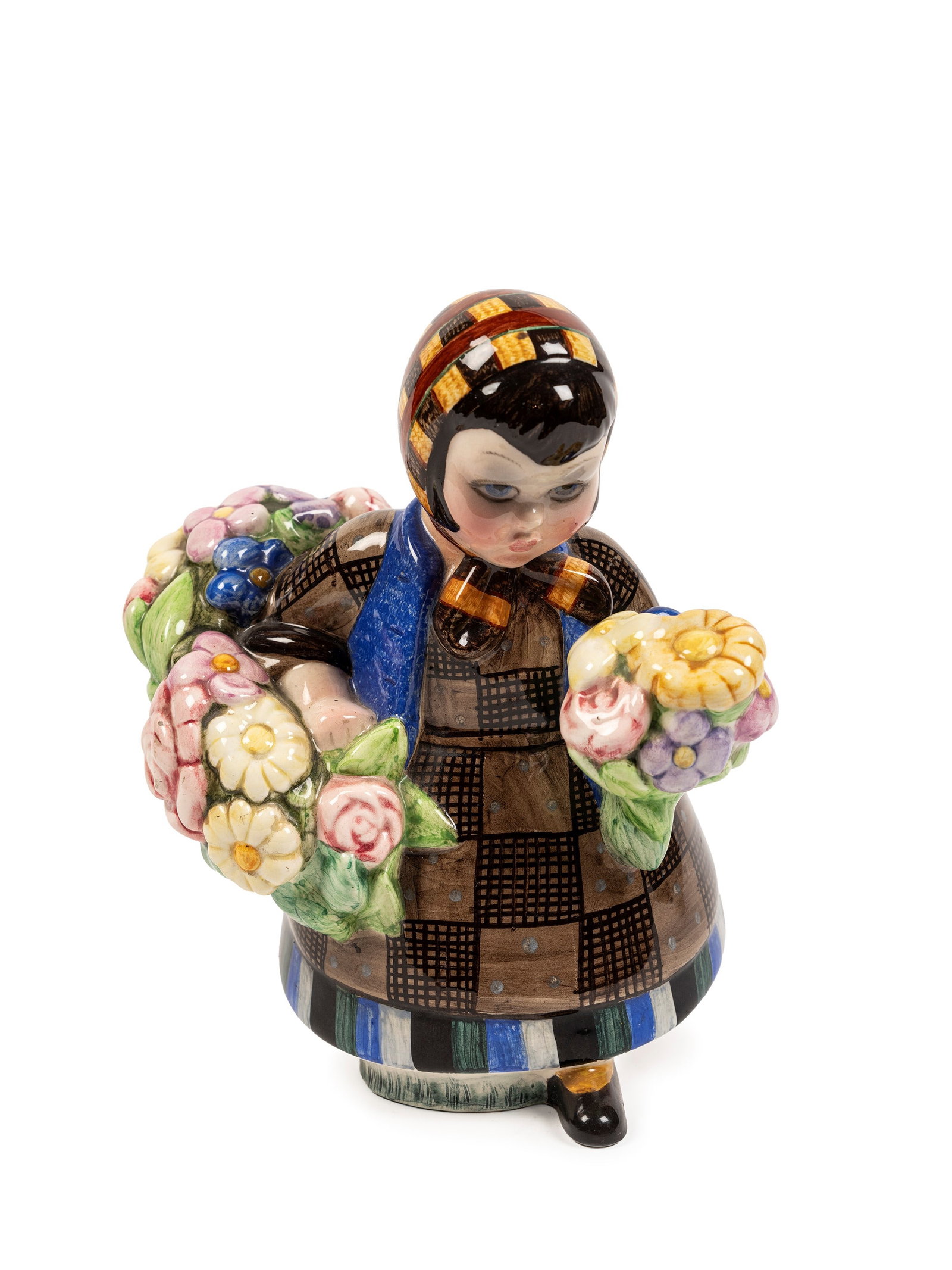 Lenci LITTLE FLOWER SELLER, Turin: h cm 22 After a 1930s model by Sandro Vacchetti.Moulded and polychrome-decorated majolica terracotta.Marked under the base: “Lenci made in Italy.”