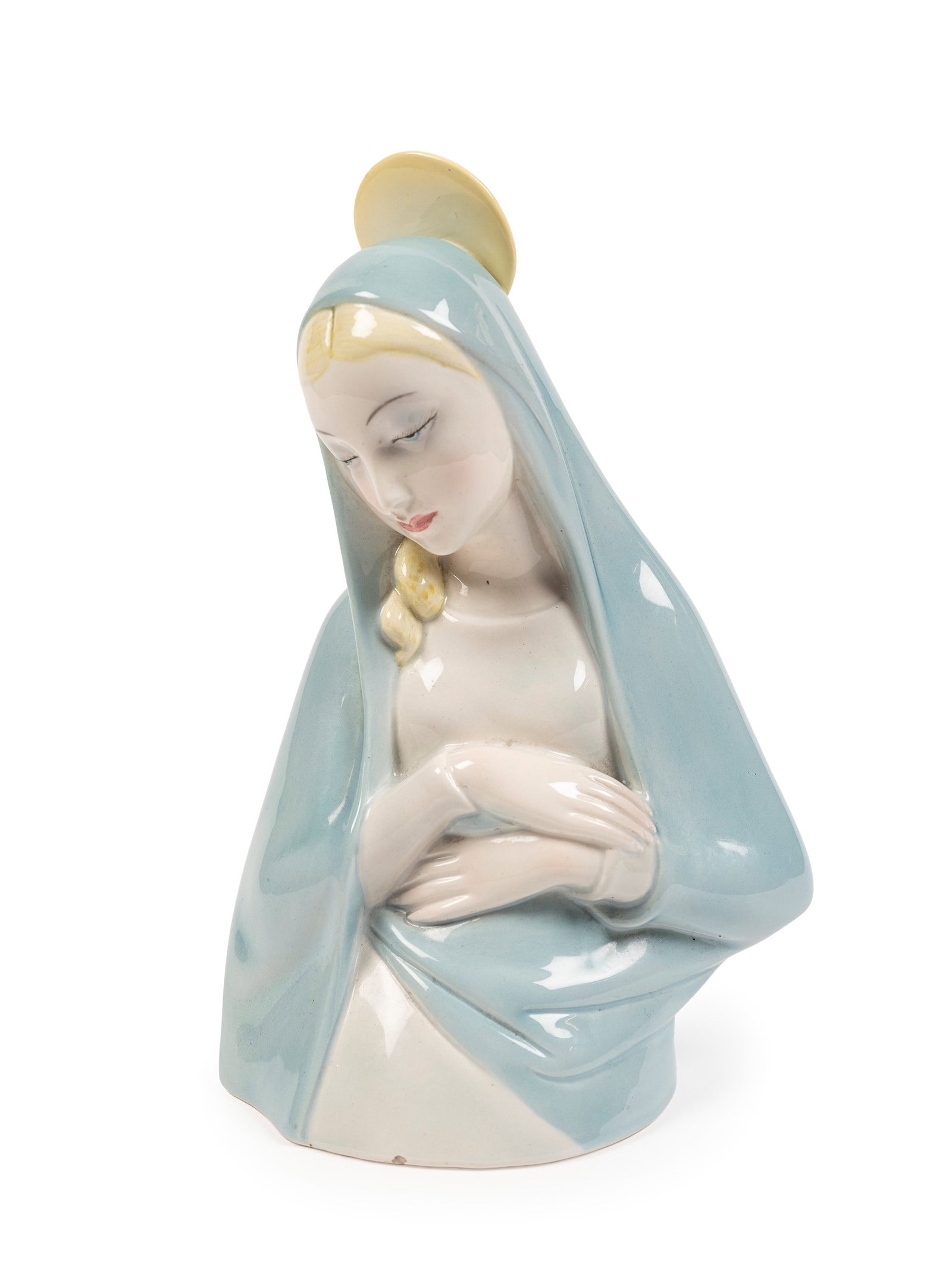 Lenci MADONNA OF PEACE, Turin, 1930s.: h cm 25 Model by Abel Jacopi.Slip-cast earthenware sculpture painted in polychrome under glaze.Marked under the base: “Lenci made in Italy Torino” and factory mark.