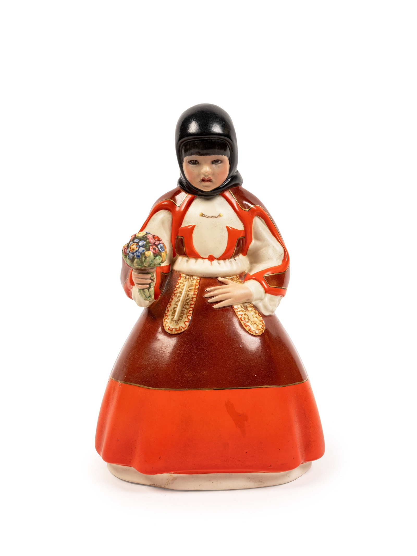 Helen Konig Scavini (per Lenci)(1886 - 1974) LITTLE GIRL WITH A BOUQUET OF FLOWERS, Turin: h cm 30 Slip-cast majolica terracotta painted in polychrome.Marked under the base: “Lenci Torino Italia RV” and incised at the base of the dress “Elena Scavini.”