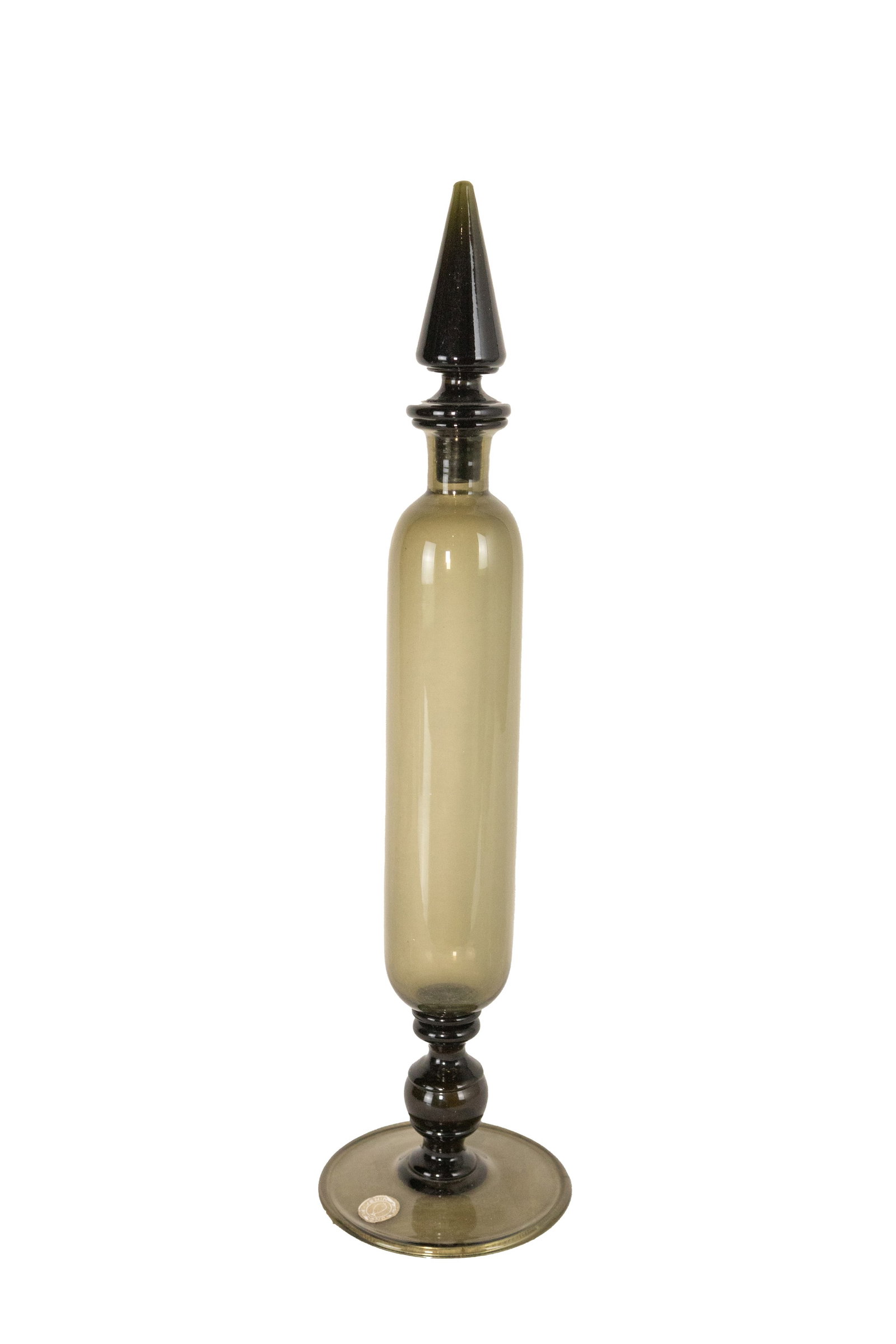 °A VENINI SMOKED GLASS BOTTLE WITH STOPPER, 20th century (1 of 2)