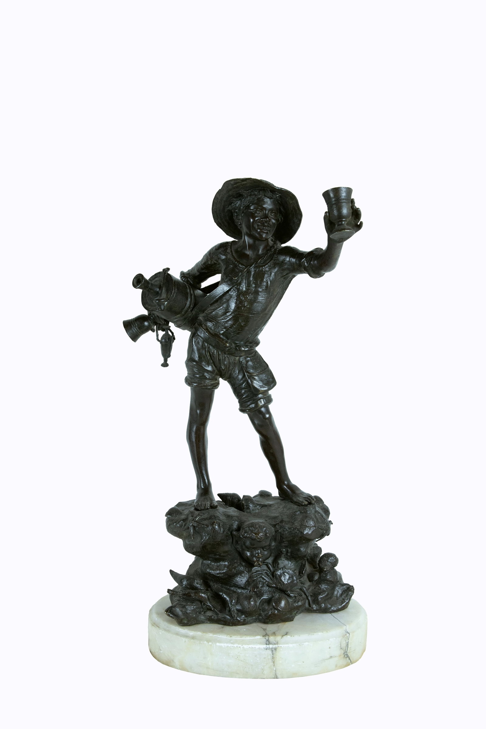 °A BRONZE SCULPTURE WITH PATINA DEPICTING A YOUNG WATER SELLER ON A MARBLE BASE, Naples, 1917: h cm 60 x l cm 33 x p cm 20 Signed and dated on the reverse ARTISTIC PROPERTY T. Campaiola 1917 Naples.