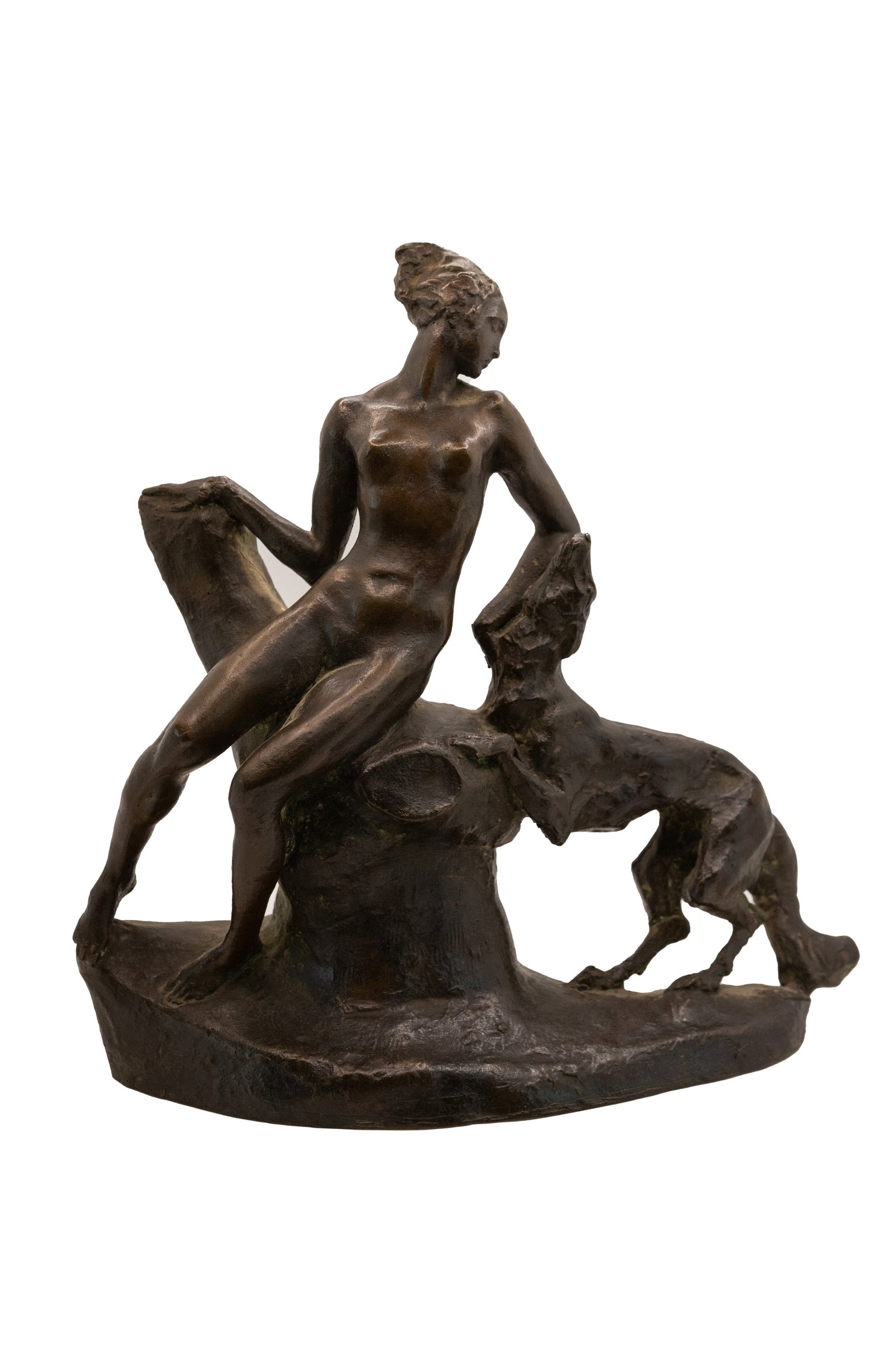 °A BRONZE SCULPTURE DEPICTING A WOMAN WITH A DOG, 20th century: h cm 23,5 x l cm 24 x p cm 7 Signed on the reverse conti 1951.