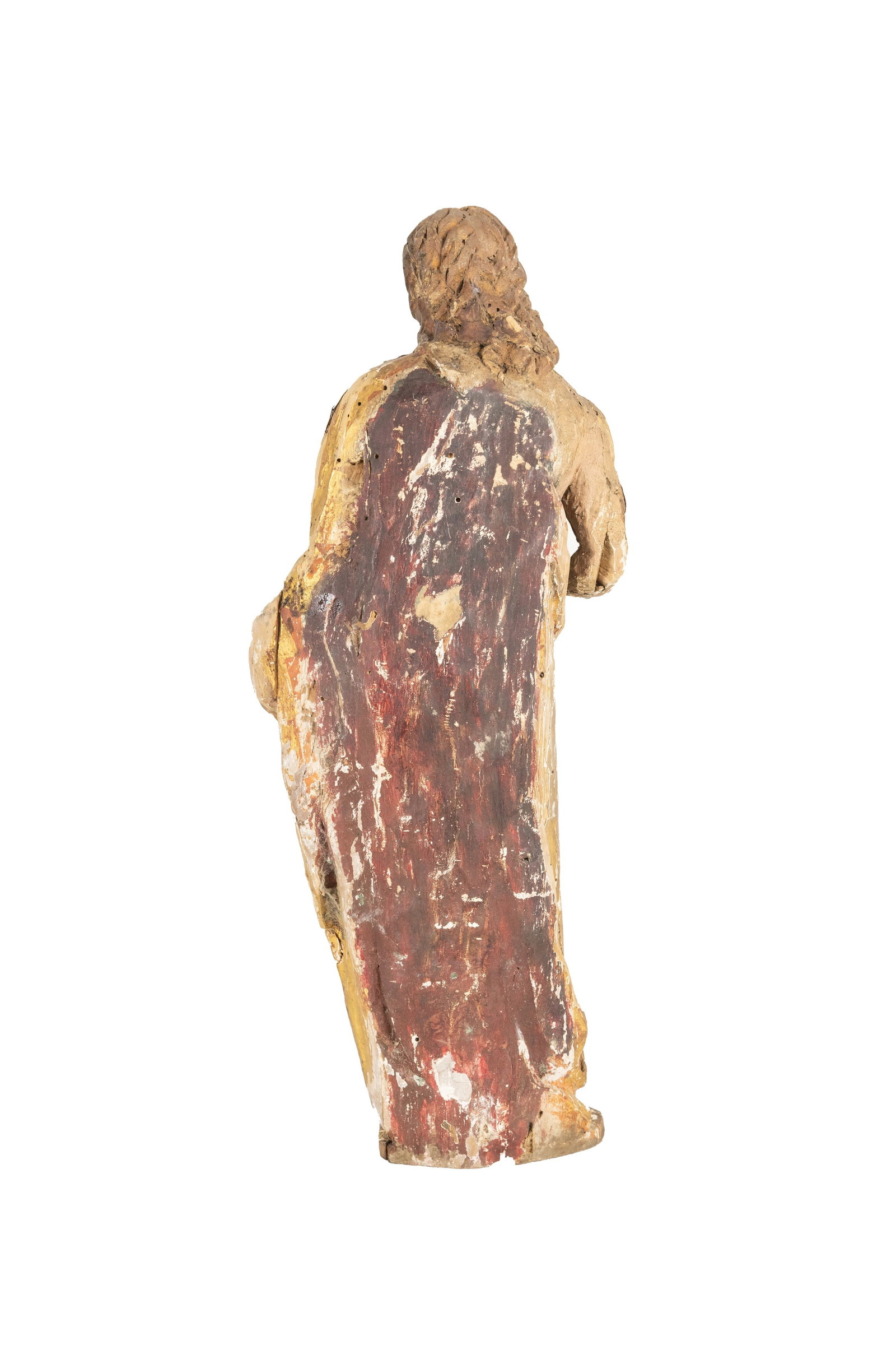°A SCULPTURE IN CARVED AND LACQUERED WOOD DEPICTING THE RISEN CHRIST, 16th/17th centuries: h cm 34,5 x l cm 14 x p cm 7 Traces of gilding on the cloak.