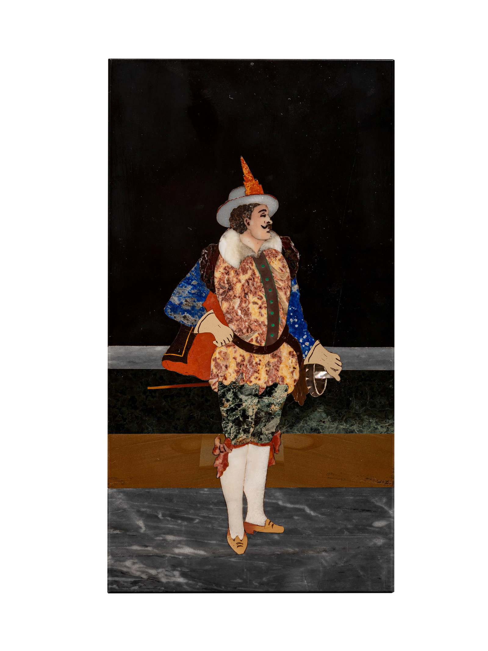 BLACK MARBLE PLAQUE AND SEMI-PRECIOUS STONE INLAY, Florence, late 19th century: h cm 26 x l cm 14 Depicting a gentleman with a sword.