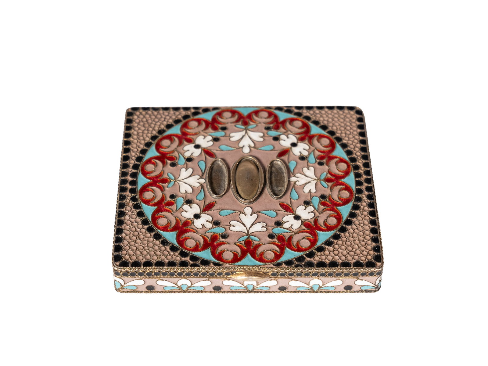 A SILVER AND ENAMEL BOX, Russia, early 20th century: l cm 8,7 x p cm 7,7 Of rectangular form, it is decorated with polychrome enamels in floral motifs; the interior is in vermeil.Weight g 157.