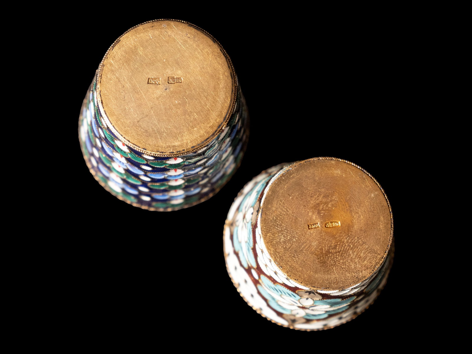 SEVEN SILVER AND ENAMEL VODKA SHOT GLASSES, Russia, early 20th century (1 of 2)