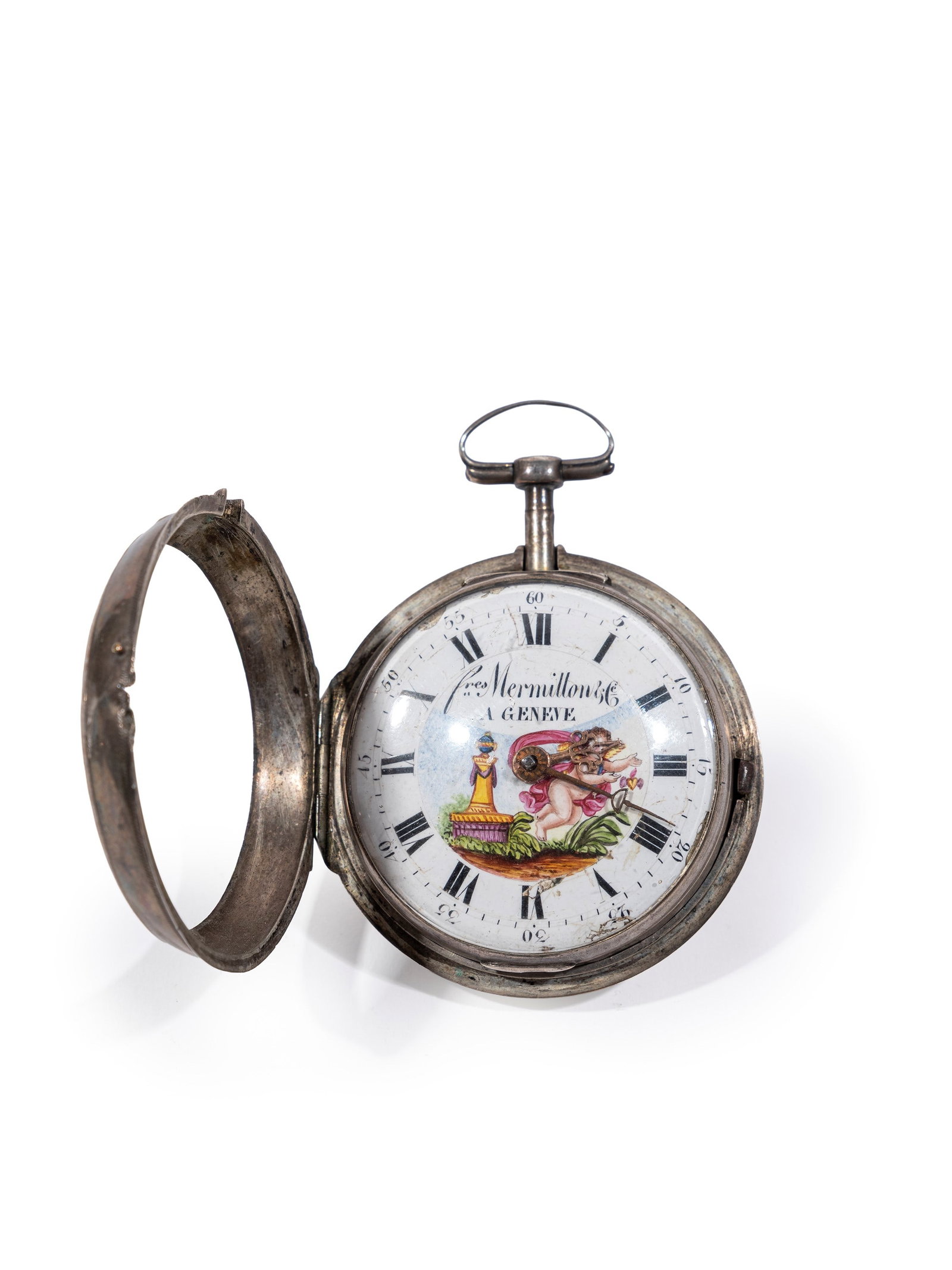 POCKET WATCH, Switzerland, 19th century: d cm 5 With a silver case and an enamel dial by Mermillon à Genève, decorated with cherubs.