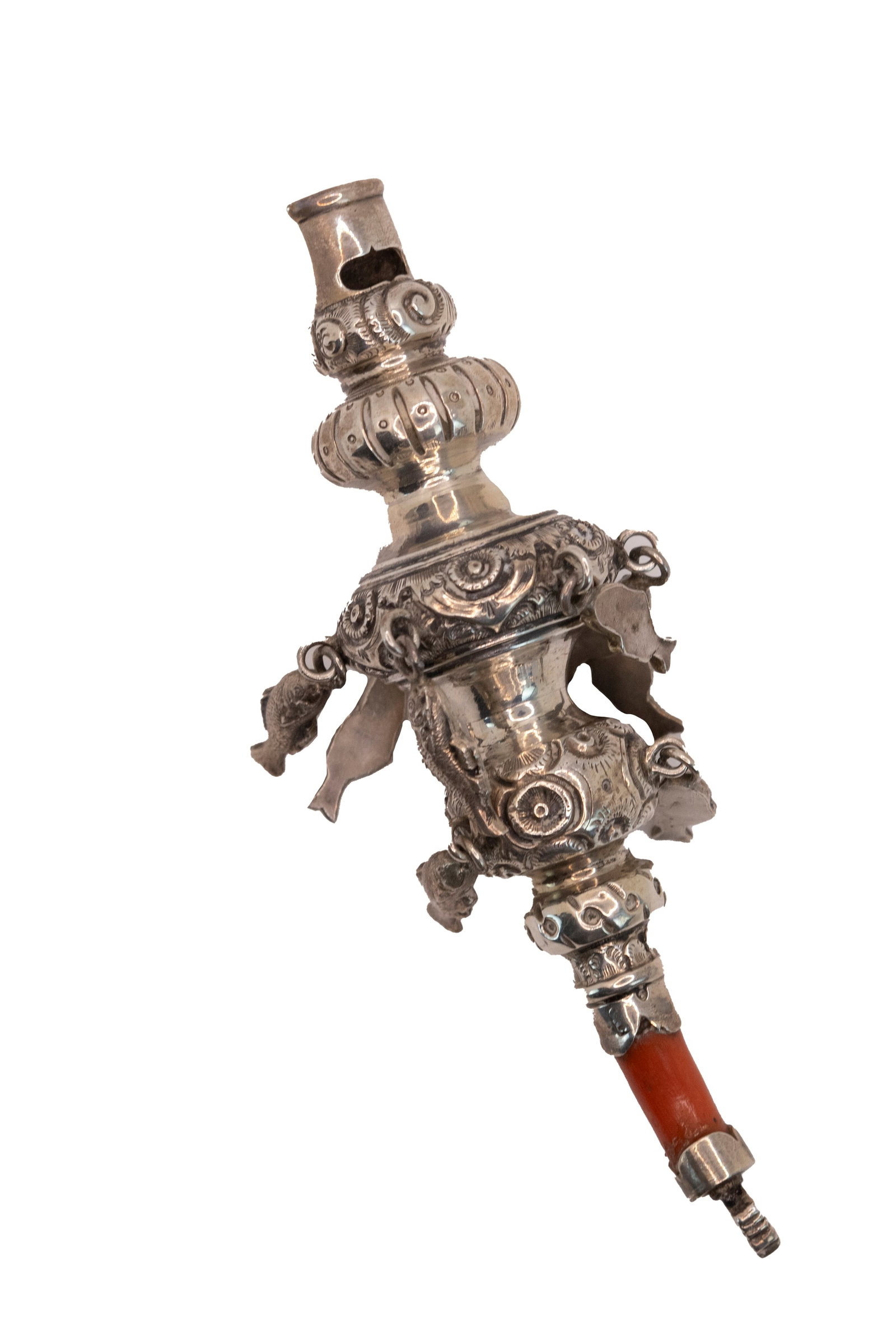 °SILVER AND CORAL CHARM, England, Birmingham 1883: h cm 12,5 x l cm 5 Weight: 50 g.