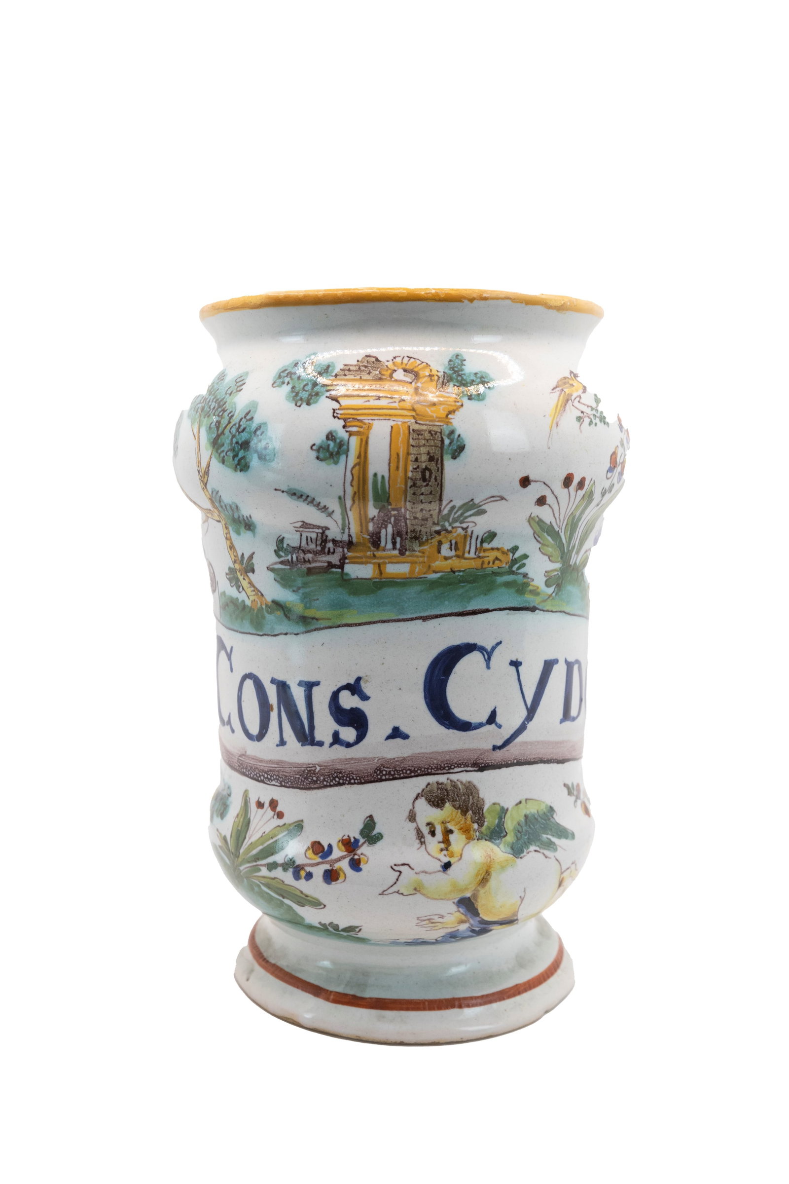 °THE POLYCHROME MAIOLICA ALBARELLO, FERNIANI MANUFACTORY, FAENZA, late 18th century: cm 18,5 x d cm 12 Inscription on the front: cons. cydon
