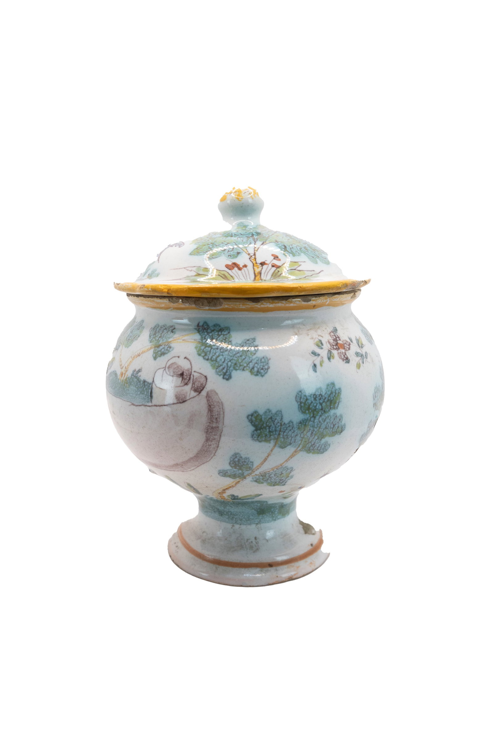 °A LIDDED VASE IN POLYCHROME MAIOLICA, FERNIANI WORKSHOP, Faenza, late 18th century: h cm 16 x d cm 12 Inscription on the front: “Pilul. Lucis