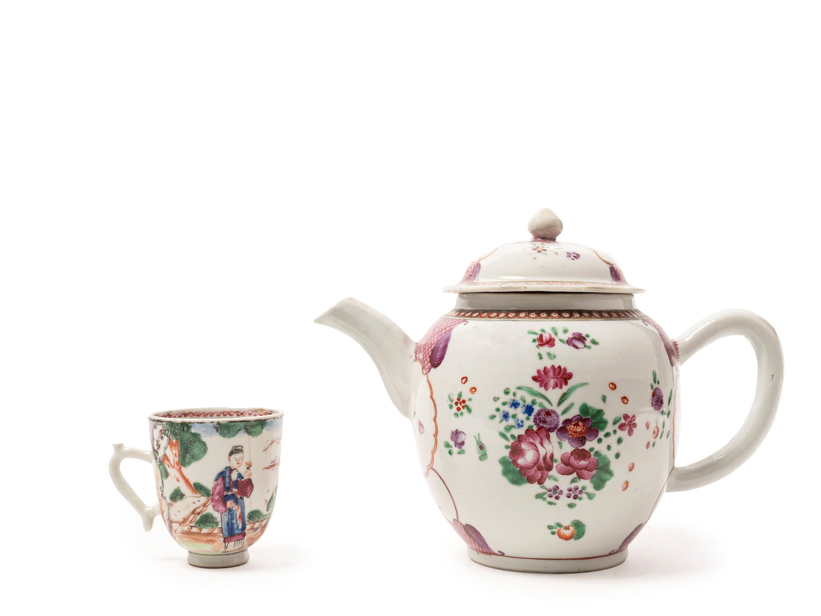AN EXPORT PORCELAIN TEAPOT AND TEACUP, China, Qing dynasty, 18th century: h max cm 17 The teapot decorated with floral motifs and cartouches, the Canton cup with figures among the Hongs and a reserve depicting a lagoon landscape.