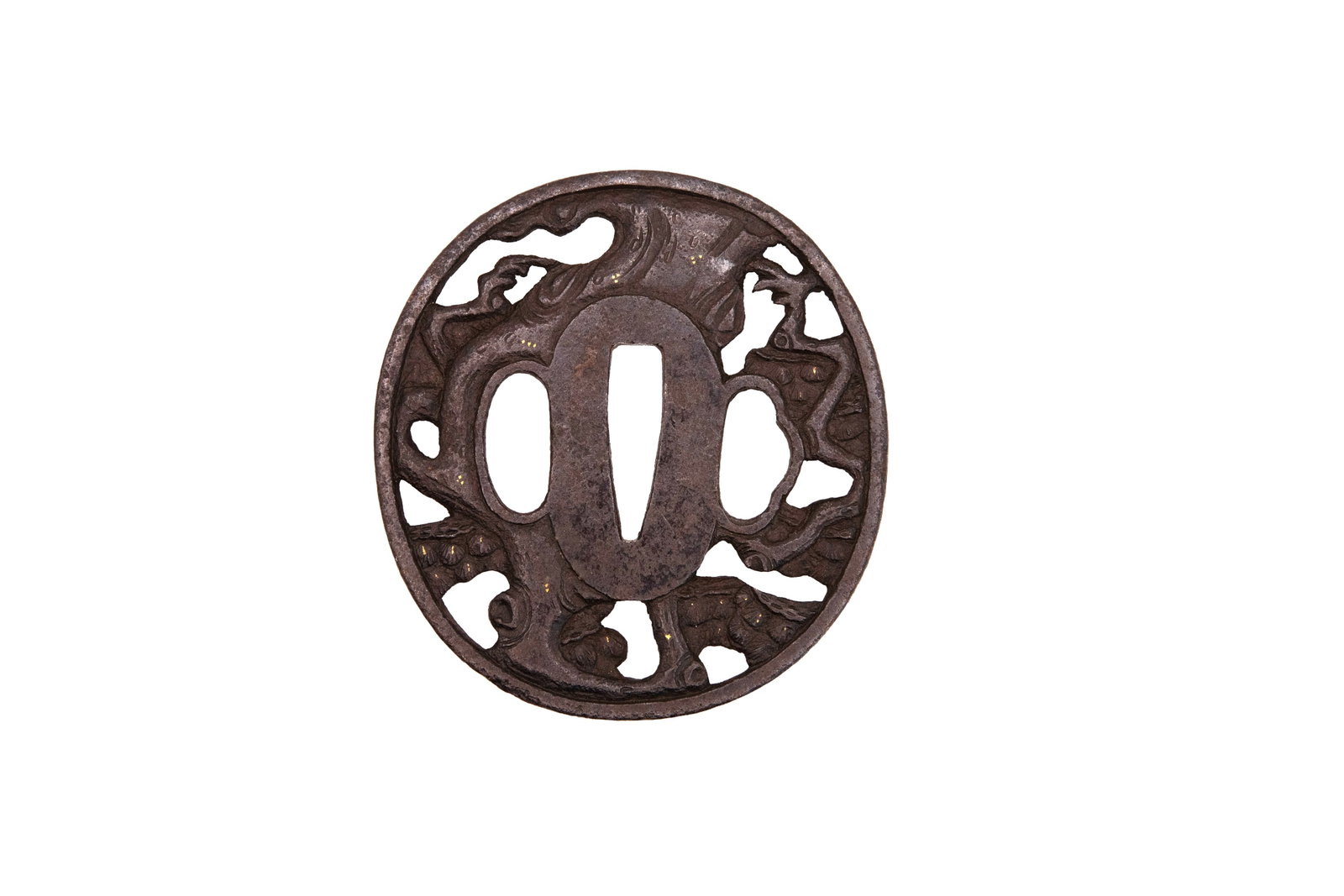 °A IRON TSUBA WITH TREES, Japan, Edo period: h cm 7,4 x l cm 6,8 Japan, Edo period