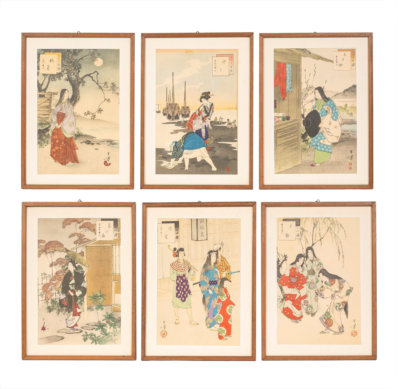 SIX UKIYO-E SCHOOL PRINTS, Japan, Meiji period (1868–1912): h cm 30,5 x l cm 20 Made by mizuno toshikata, in frame.