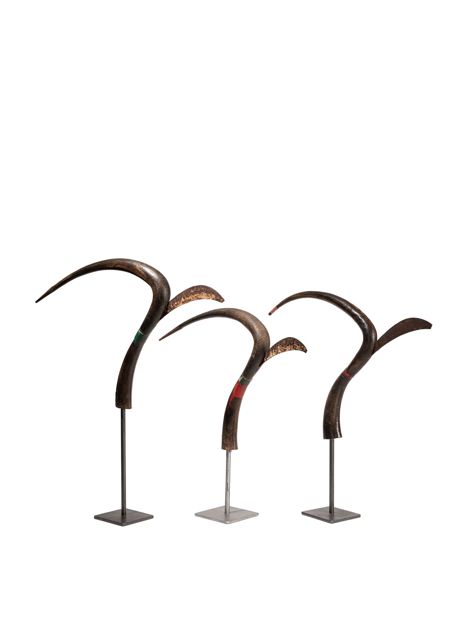 °A GROUP OF THREE HORN RICE KNIVES WITH TRACES OF POLYCHROME DECORATION, Cambogia: h cm 34 x l cm 48 The elegantly curved horn section was used to gather a handful of rice stalks; then, with a skilful twist of the wrist, the bundle was cut using the iron blade.