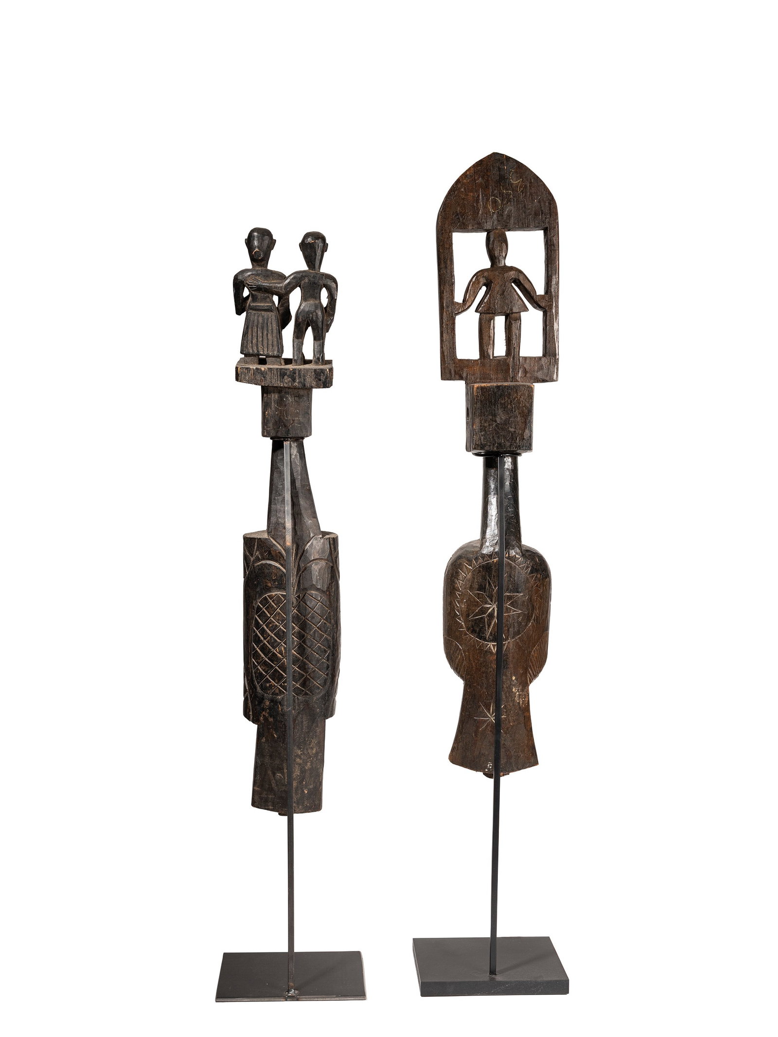 °A LOT COMPRISING TWO LUTES, Santal peoples, north-western India.: h cm 86 In carved and incised wood with anthropomorphic figures.