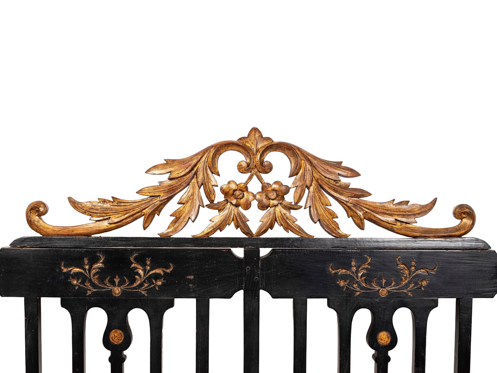 AN EBONIZED WOOD BENCH, Sri Lanka, Indo-Portuguese/Dutch, 19th century: h cm 115 x l cm 94 x w cm 50 Two-seater, with scroll decorations in gilt wood.