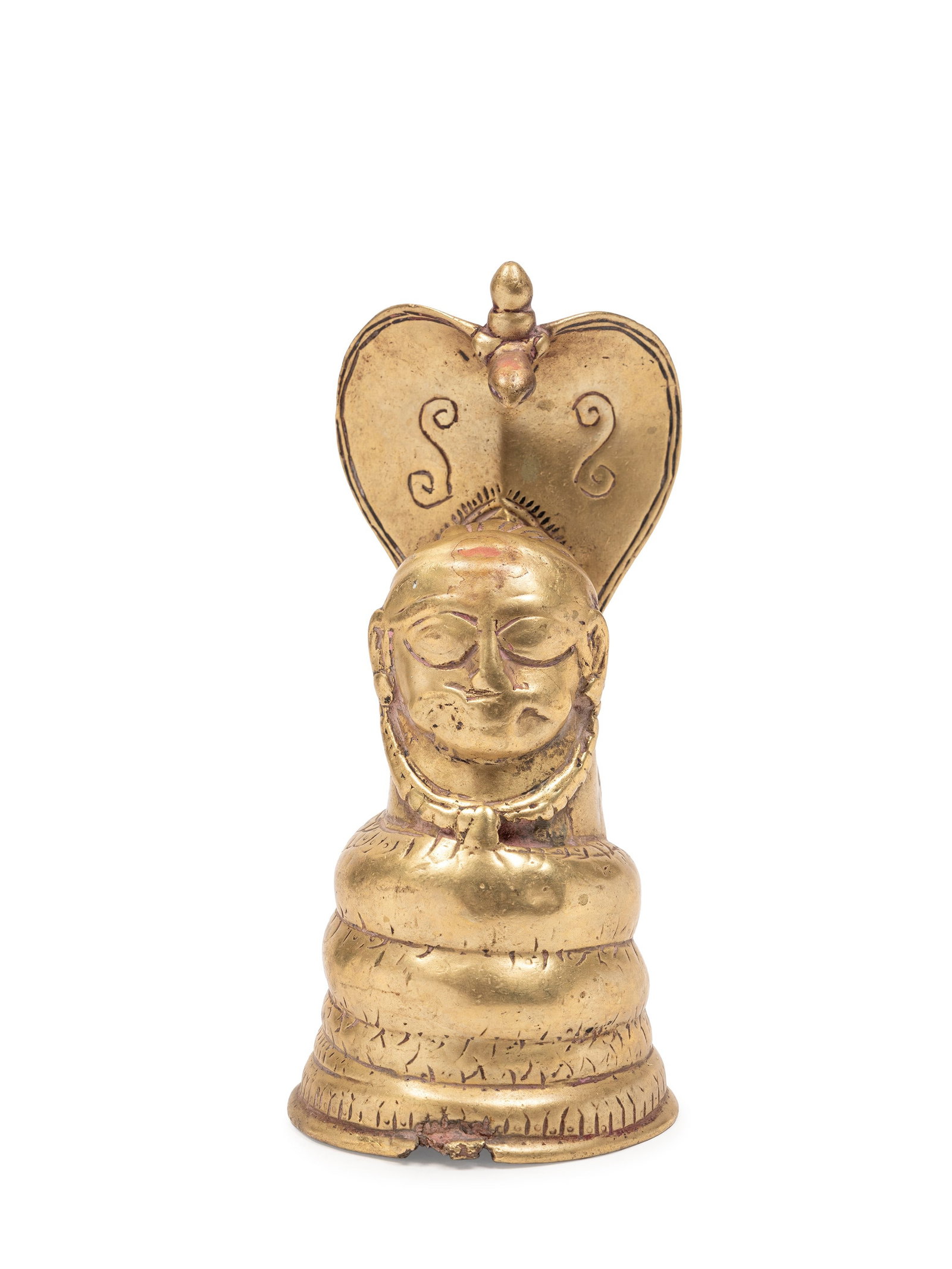 A BRONZE ALLOY MUKHALINGA, India, 18th / 19th century: h cm 16 The head is framed by a Nagabharanam, a sacred cobra (Naga) with an expanded hood that serves as a crown and divine protection.