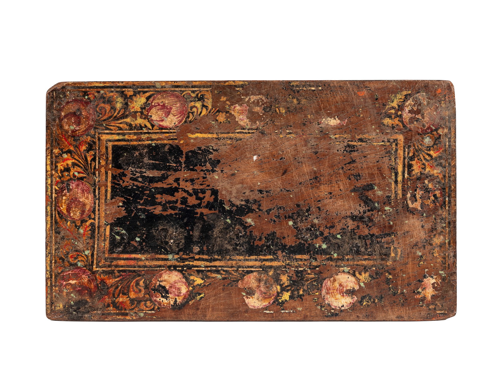 A PAINTED WOODEN MANUSCRIPT PANEL, India, 19th century: h cm 17,5 x l cm 30 Depicting Brahma with two acolytes.