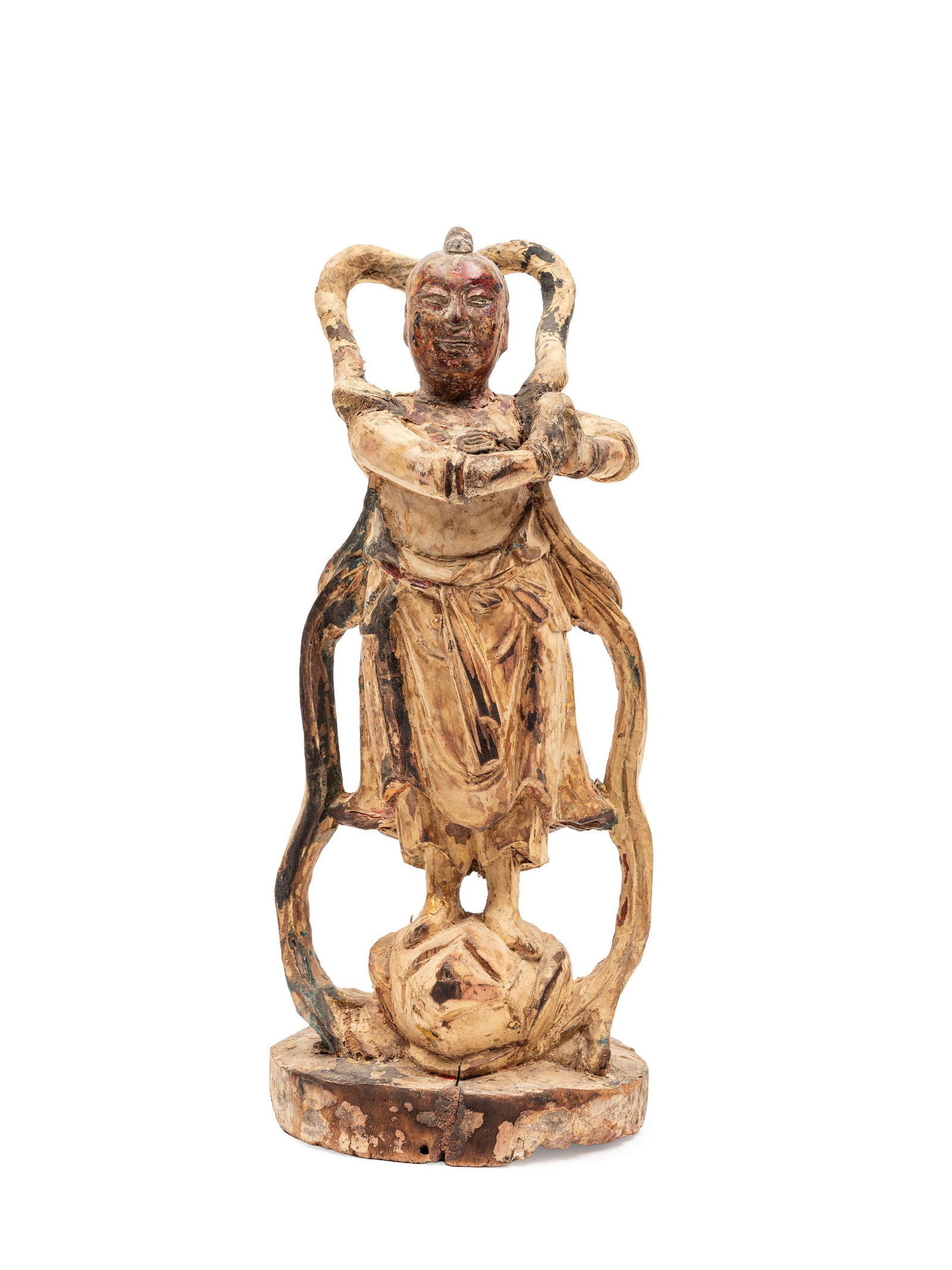 A POLYCHROME WOOD SCULPTURE, China, Qing dynasty, 17th century: h cm 32 Depicting a deity.