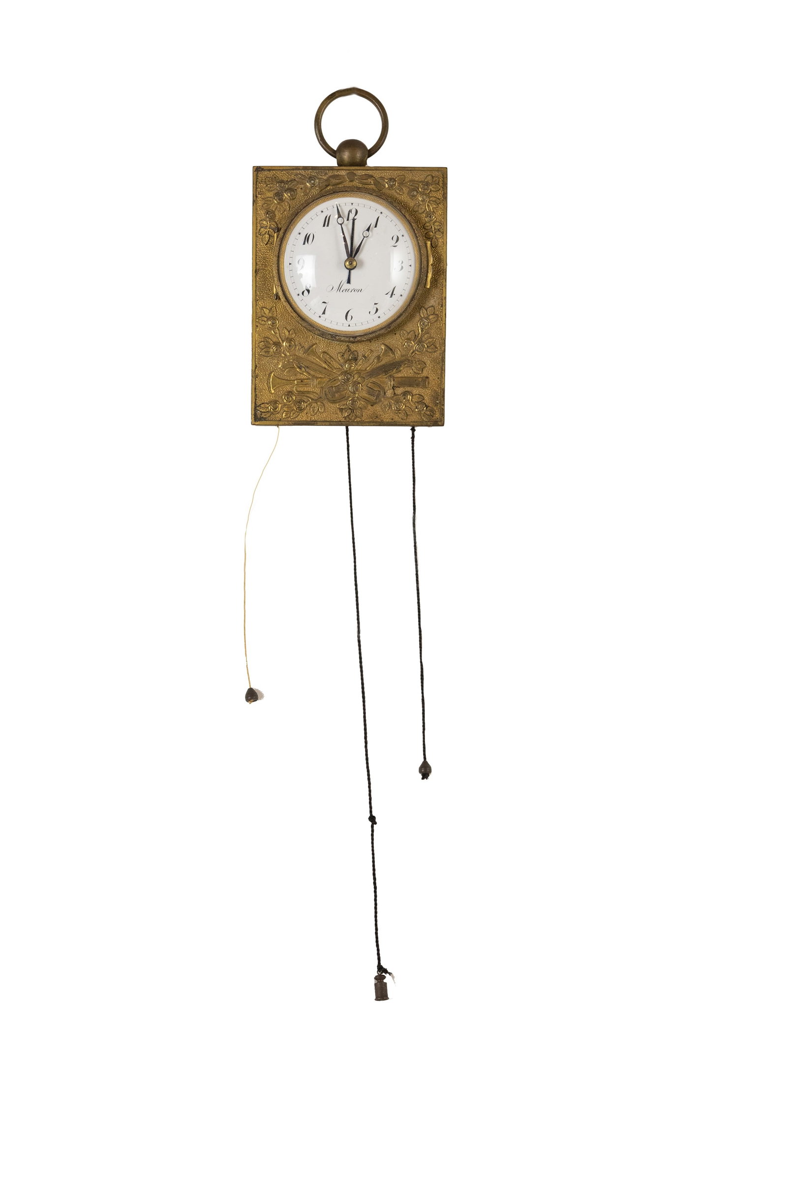 °A GILT BRONZE CARRIAGE CLOCK, Early 19th century: h cm 15 x cm 11,4 x p cm 2 Decorated with a triumph of musical instruments and floral motifs. white enamel dial, signed meuron. serial number 6678. to be serviced.