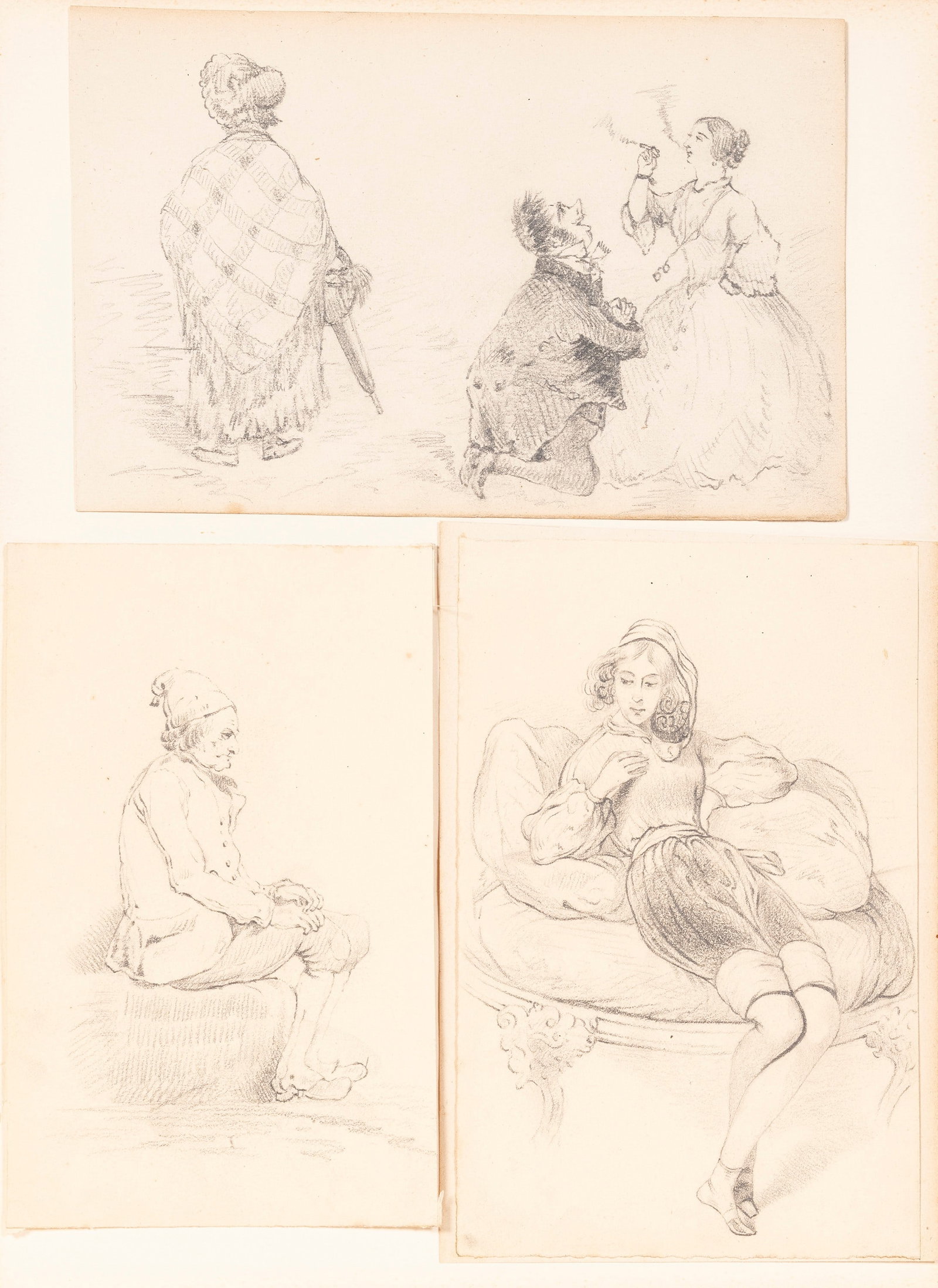 Eugène Giraud(Francia 1806 - 1881) SIX CARICATURE DRAWINGS,: Pencil on paper The larger h cm 18 x l cm 12,5 Depicting prominent figures of the time, including: Victor Hugo, Andrè-Charles Volliemot, Giuseppe Palizzi, Henri Delaage e Henri Murger.