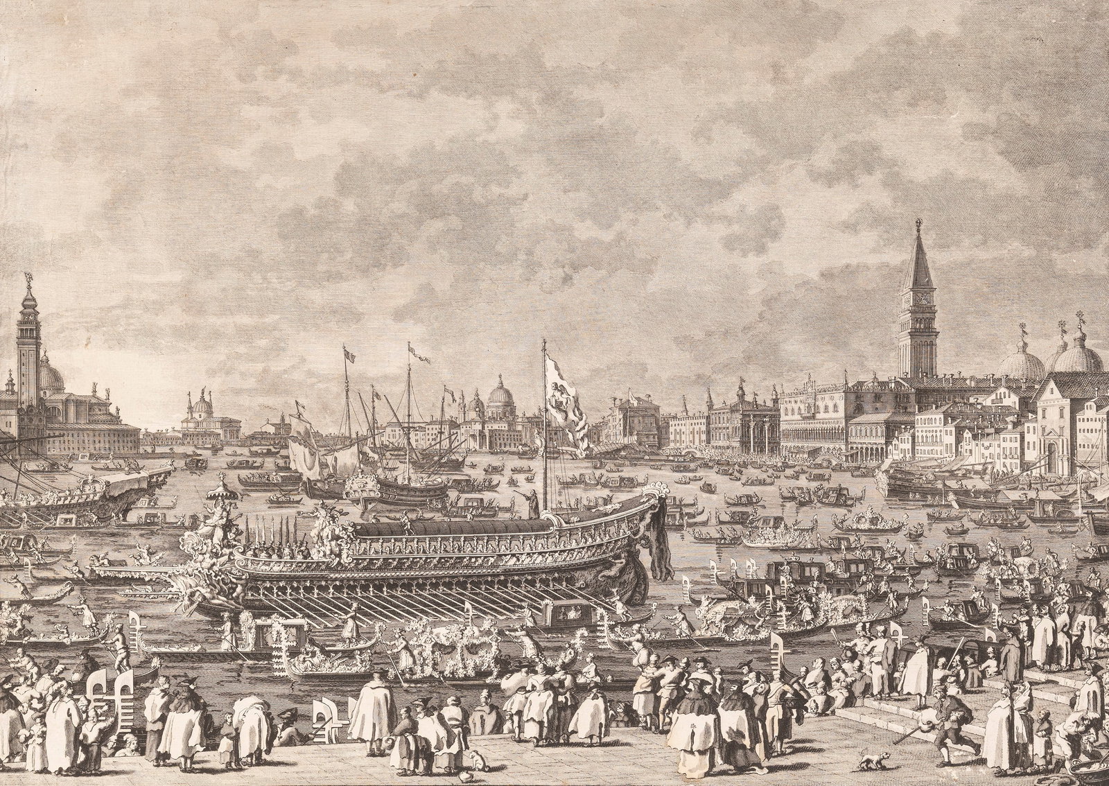 SERENISSIMUS PRINCEPS DIE ASCENSIONIS DOMINI IN AUREA NAVI, VULGO BUCINTORO N.5, Venice, 18th: Etching applied on canvas h cm 46,5 x l cm 58 After a design by Giovanni Antonio Canal, known as Canaletto, and engraved by Giovan Battista Brustolon, titled: "Serenissimus Princeps die Ascensionis Do