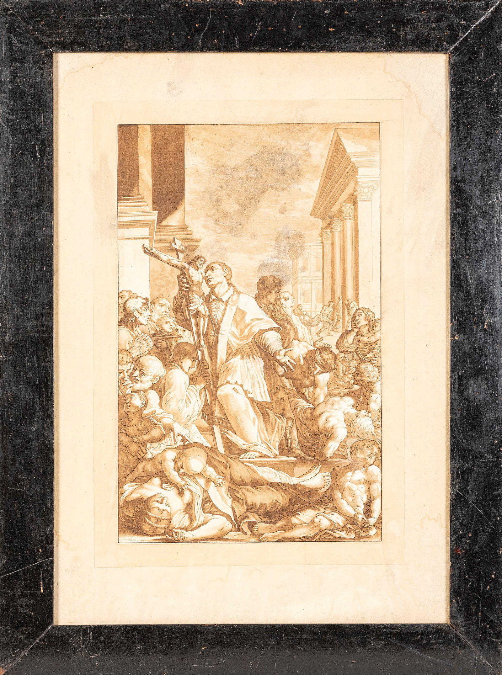 Jean Théophile Prestel(1739 - 1808) SAINT CHARLES BORROMEO AMONG THE PLAGUE VICTIMS, 1780: Etching and aquatint. h cm 46 x l cm 28,5 Signed and dated “Prestel 1780” lower left.