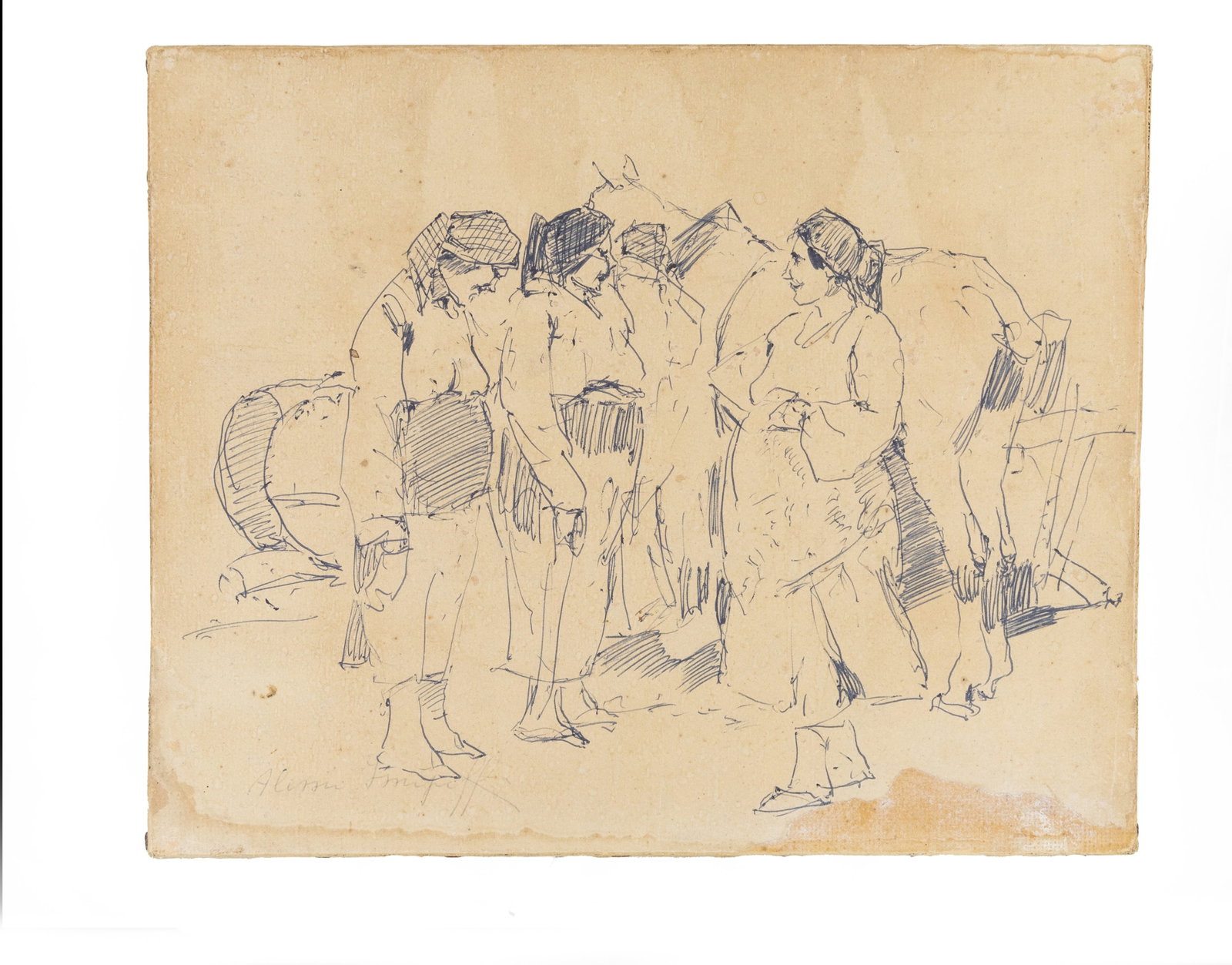 °FARMWIFES AND A HORSE,: °FARMWIFES AND A HORSE, China on paper mounted on canvas °FARMWIFES AND A HORSE