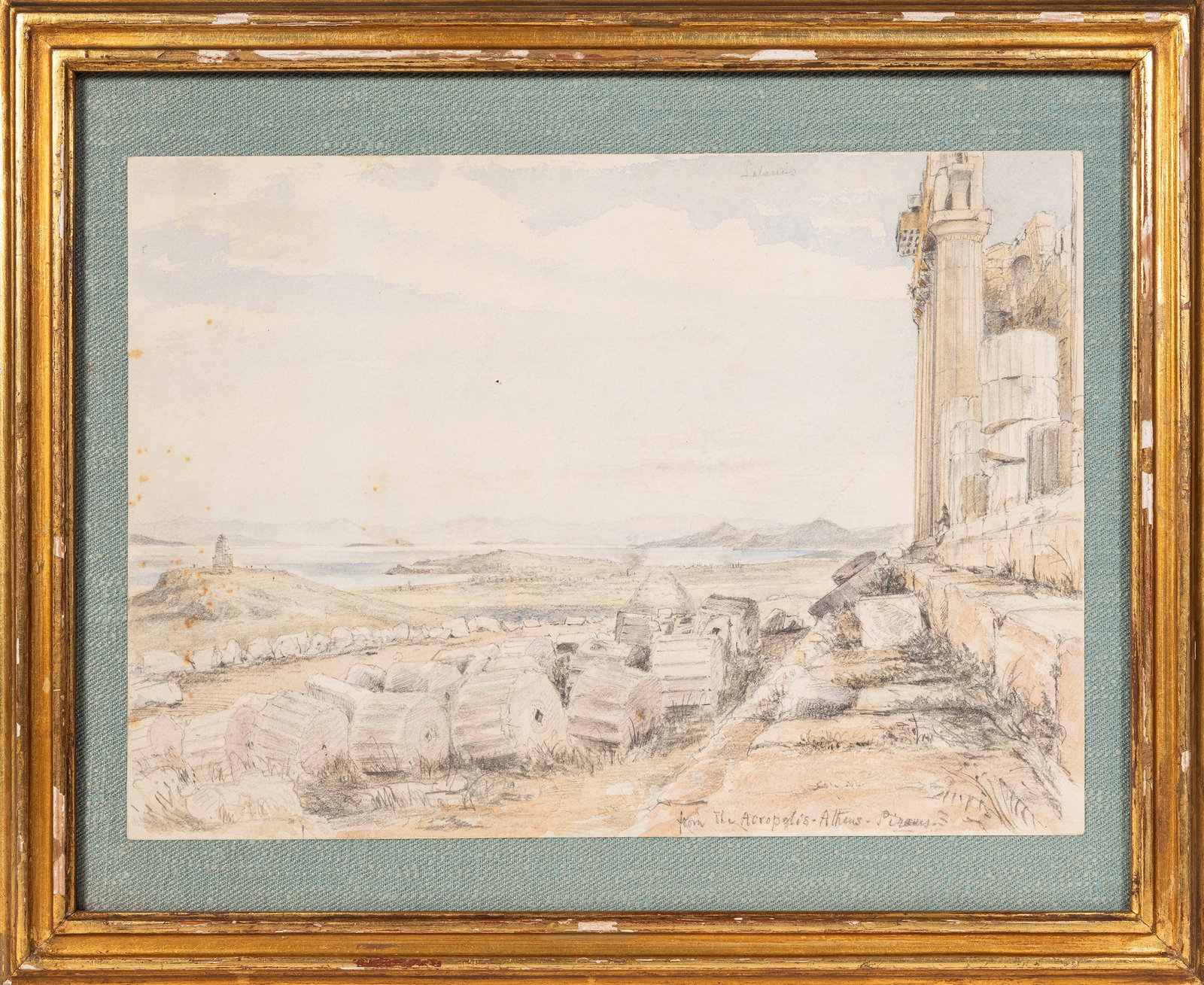 FROM THE ACROPOLIS ATHENS PIREUS, English school, 18th century: Watercolor and mixed media on paper h cm 25,5 x l cm 35,5 It bears a title at the lower right and an undeciphered signature at the top.