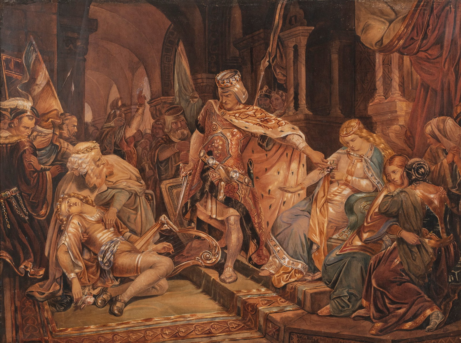 THE SINGER CURSE, German School, 19th century: Watercolor h cm 97 x l cm 148 After a model by Philipp von Foltz, the work depicts a crucial scene from the famous ballad by Johann Ludwig Uhland entitled “The Curse of the Singer” (Des