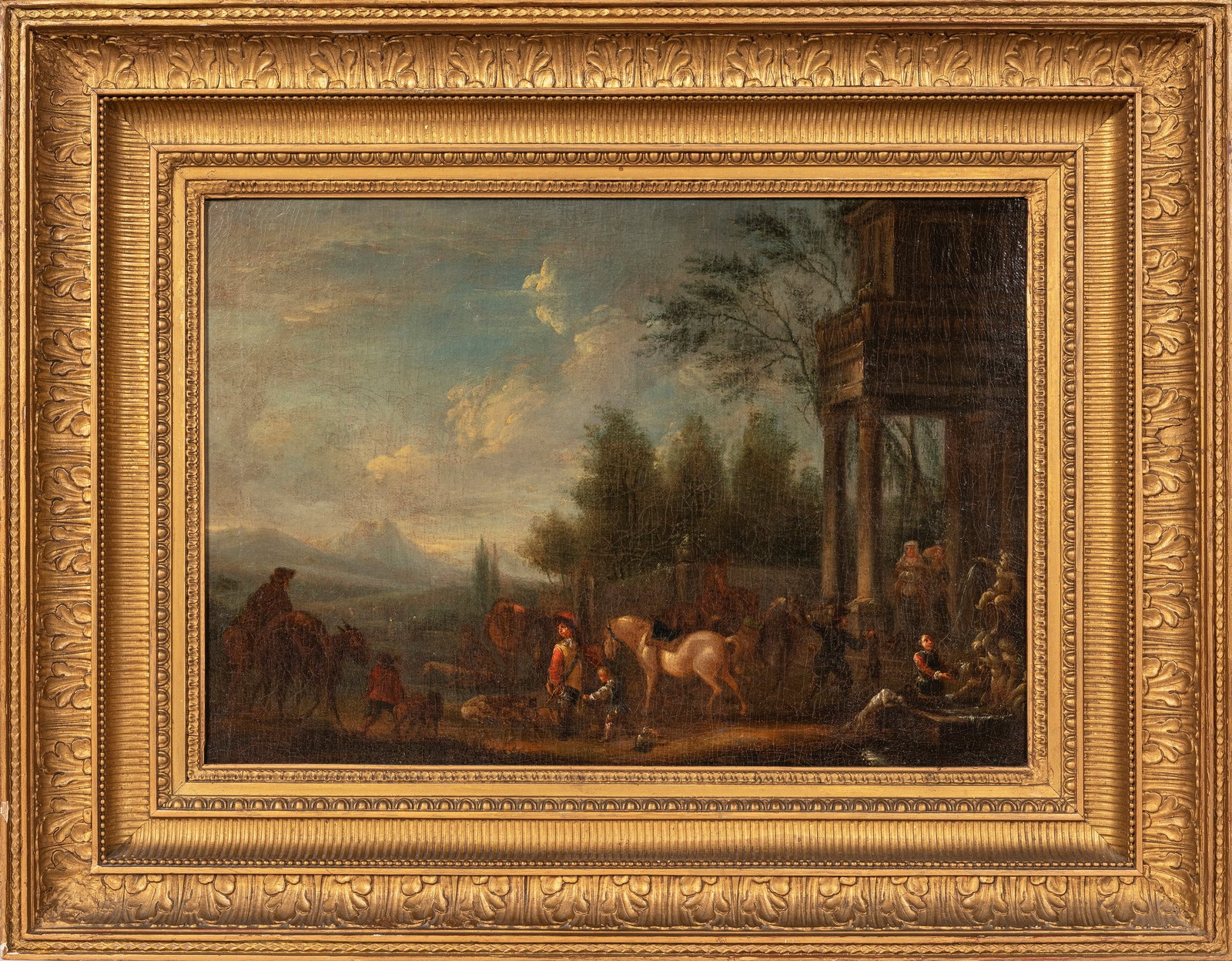 A BAMBOCCIANTE LANDSCAPE WITH ARCHITECTURAL ELEMENTS, Roman school, 18th century (1 of 2)