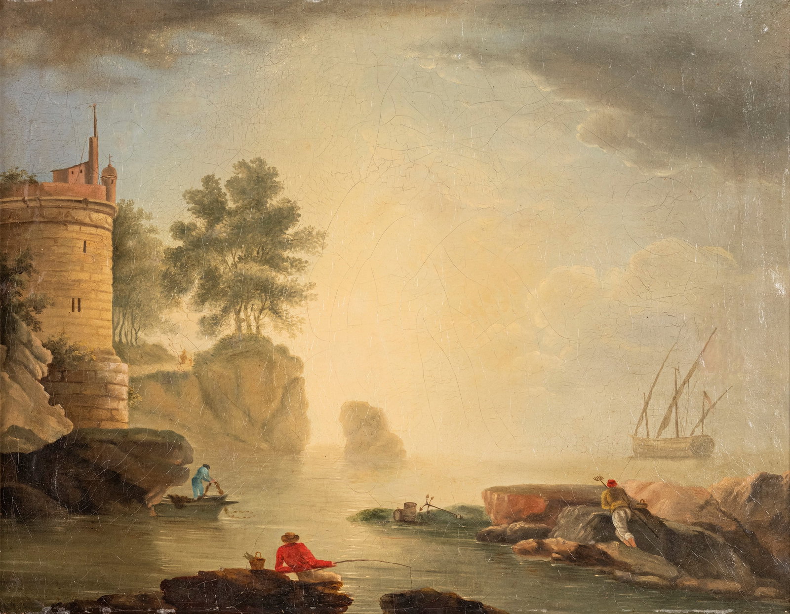 SEASCAPE WITH FIGURES AND BOATS, French School, late 18th century: Oil on canvas h cm 44 x l cm 57 h cm 44 x l cm 57