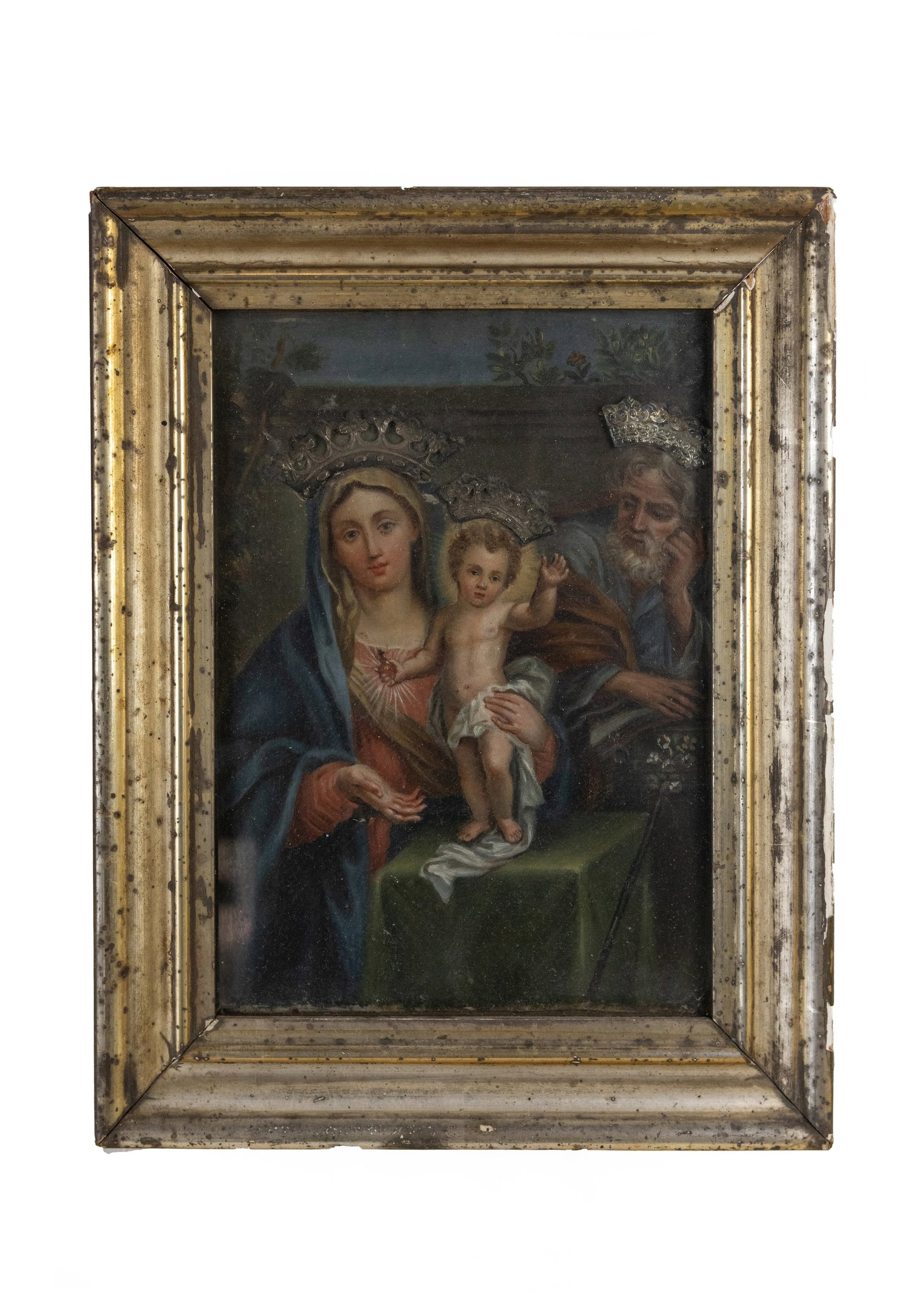 °HOLY FAMILY, Roman School, 18th century: Oil on canvas applied on panel h 23 cm × l 17,3 cm; with frame cm 30,5 × l cm 24 With silver crowns.