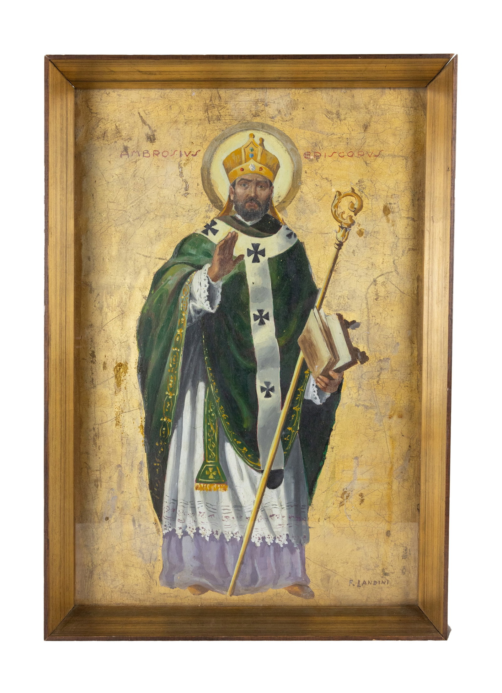 °SAINT AMBROSE, 20th century.: Oil on panel h cm 49 x l cm 32,5 Gold ground with the inscription “Ambrosius Episcopus” at the top. Signed lower right “F. Landini.”