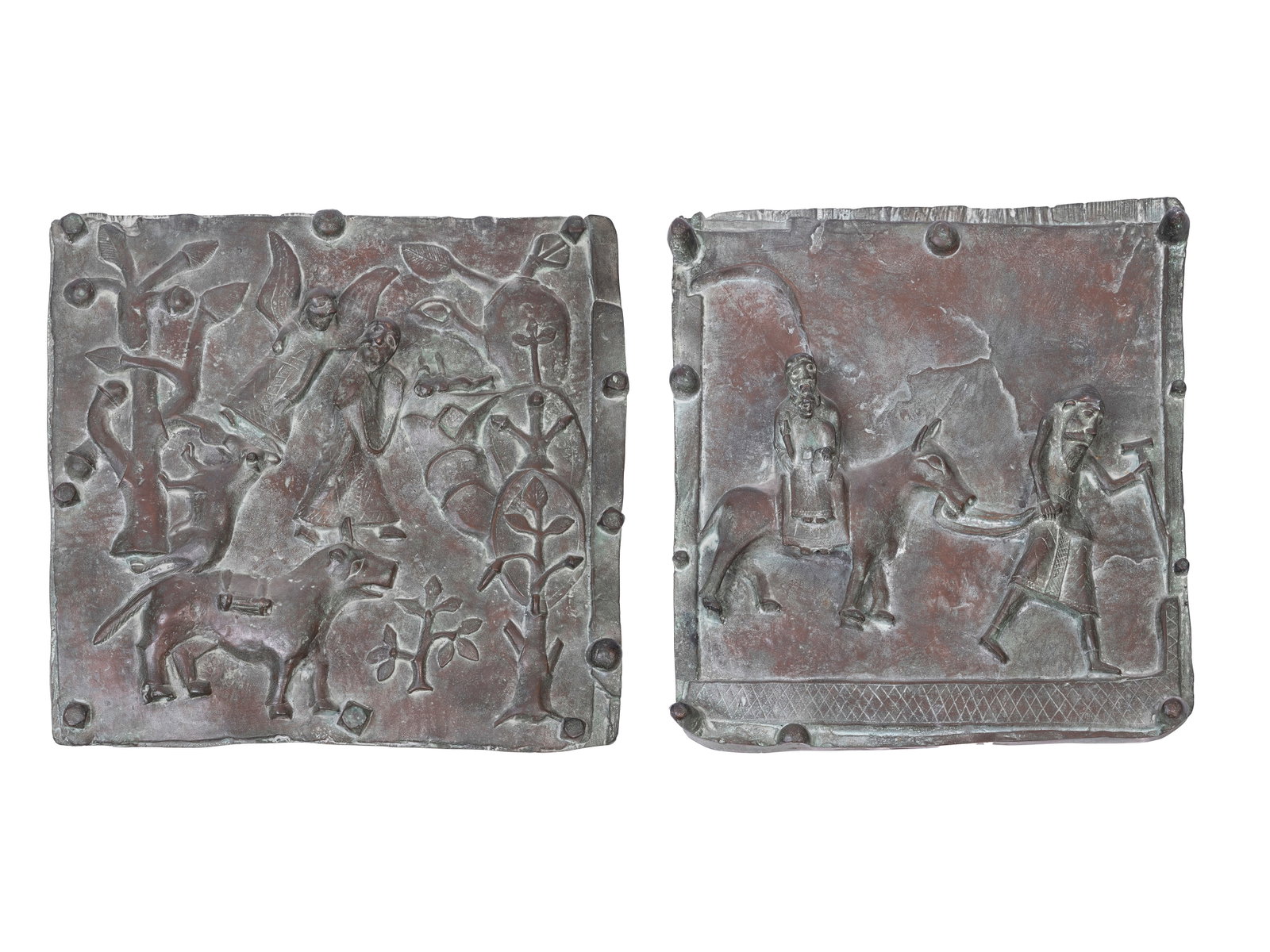 PAIR OF BRONZE PLAQUES DECORATED IN RELIEF WITH RELIGIOUS SUBJECTS, 20th century (1 of 2)