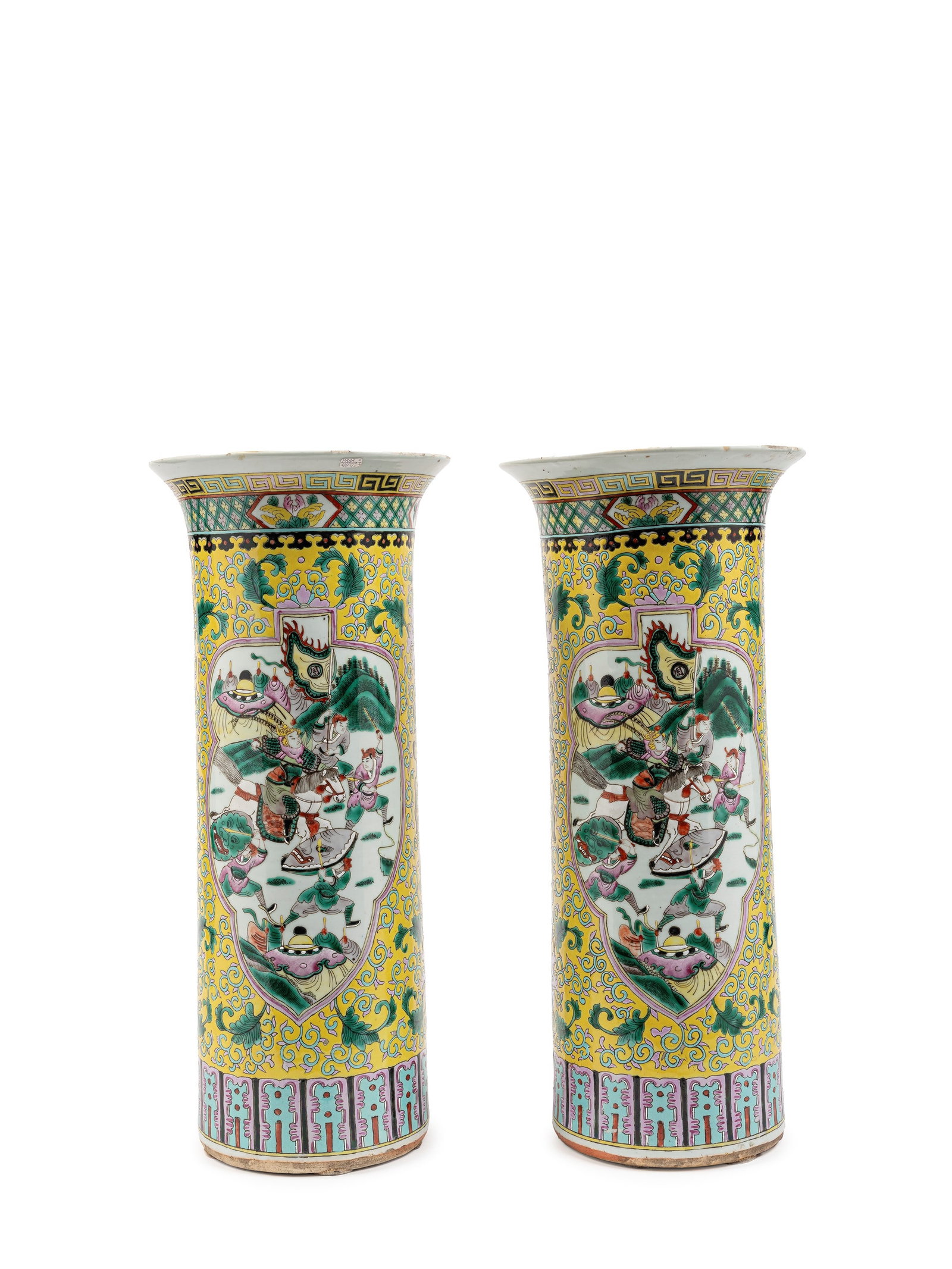 A PAIR OF LARGE YELLOW-GROUND FAMILLE ROSE PORCELAIN SLEEVE VASES, China, Qing dynasty, 19th century (1 of 3)
