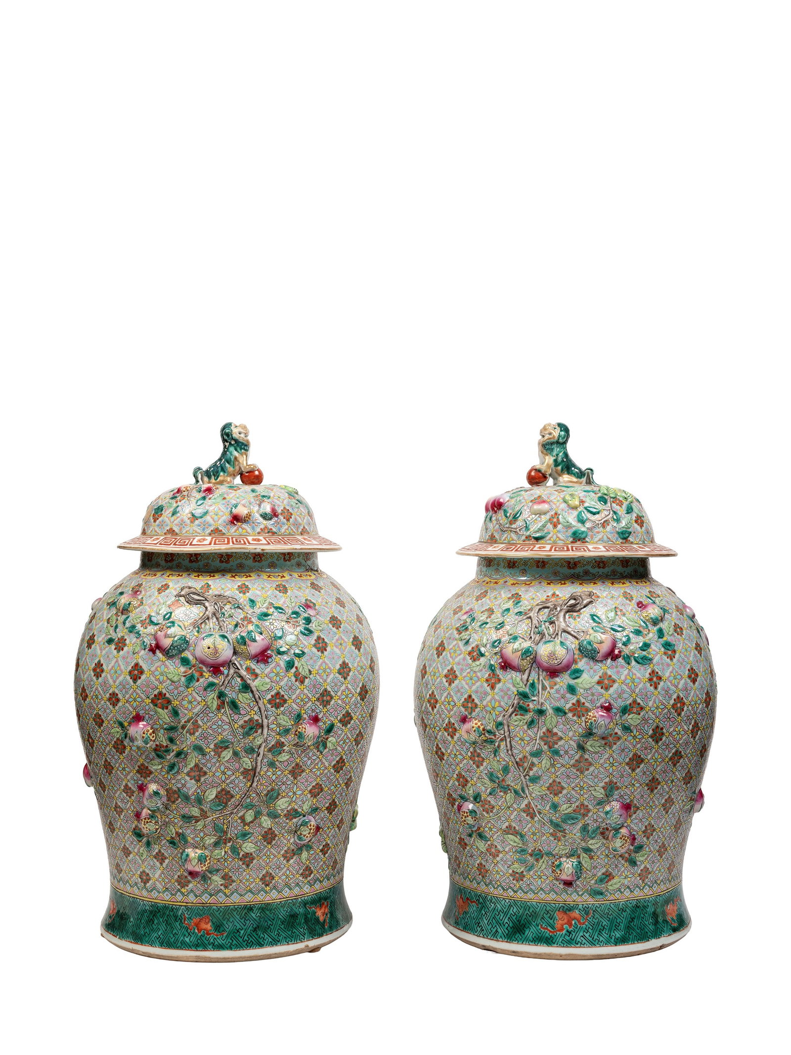 A RARE PAIR OF LARGE FAMILLE ROSE PORCELAIN BALUSTER-JARS AND COVERS, China, Qing dynasty, 19th (1 of 8)