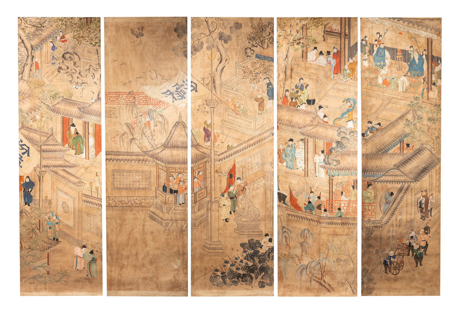A SET OF FIVE LARGE PANELS IN PAINTED PAPER, China, Qing dynasty (1644-1911) (1 of 15)